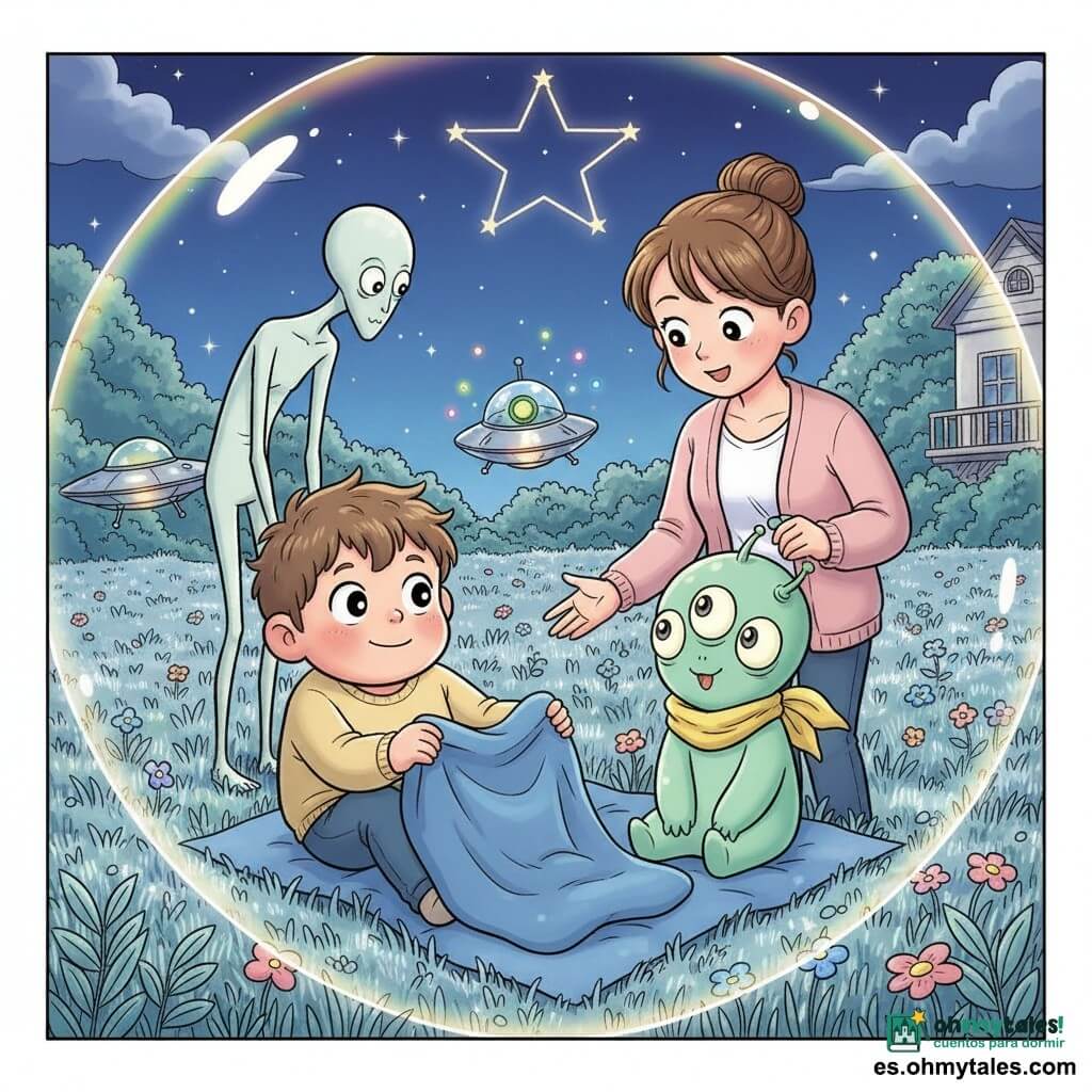 Niño de 6 años de rostro redondo, cabello castaño despeinado y sonrisa tímida sentado con una gran manta azul invitando a una criatura; a su lado Nala, extraterrestre verde menta de tres ojos grandes y una bufanda amarilla, con expresión feliz; la madre (unos 30 años) de pie detrás con el cabello en moño y mano en el hombro, mirada benevolente; Bipi, disco plateado flotante con botón verde luminoso sonriendo y emitiendo chispas de colores en el centro; dos visitantes más junto a una pequeña platillo brillante al fondo: una silueta alta, delgada y pálida curvada y otra redonda y jovial; pradera nocturna de hierba plateada y flores luminosas, una casa con balcón y cielo azul noche con una estrella-cápsula brillante; escena de bienvenida sobre la manta bajo una burbuja luminosa multicolor que ilumina rostros, ambiente cálido, mágico y seguro, estilo gráfico en tonos pastel, trazos redondeados y expresiones amables.