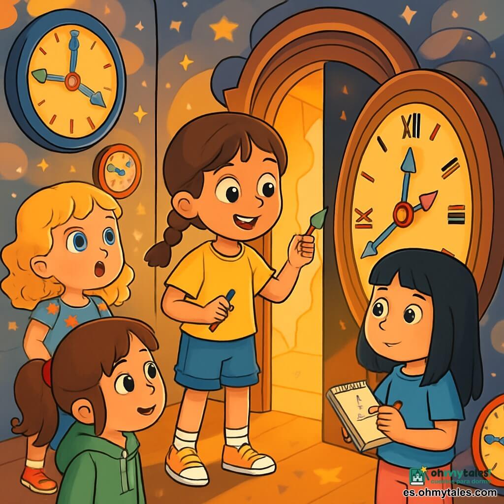 Hay 4 niños: - Lola: una niña de 8 años, con cabello castaño trenzado, lleva una camiseta amarilla y un short de mezclilla. Está de pie en el centro, sosteniendo una pequeña pluma de reloj en su mano. - Mía: una niña de 8 años, con cabello rubio rizado, vestida con un vestido de flores. Está a la izquierda de Lola, mirando con asombro un gran reloj antiguo. - Sara: una niña de 8 años, con cabello negro liso, lleva una camiseta azul y pantalones rosas. Está a la derecha de Lola, sosteniendo un cuaderno y un lápiz, lista para escribir. - Nina: una niña de 8 años, con cabello pelirrojo recogido en una coleta, vestida con un sudadera verde. Está un poco más atrás, observando atentamente la escena con ojos curiosos. El lugar se desarrolla en un pasillo mágico lleno de grandes relojes con manecillas de colores que giran en diferentes direcciones. Las paredes están decoradas con patrones de estrellas y nubes, y una luz suave y dorada ilumina el espacio, creando una atmósfera de ensueño. La situación principal muestra a los niños descubriendo un pasaje secreto detrás de un reloj gigante, con expresiones de asombro en sus rostros. Están listos para entrar en un mundo donde el tiempo cobra vida, rodeados de relojes brillantes y recuerdos flotantes.