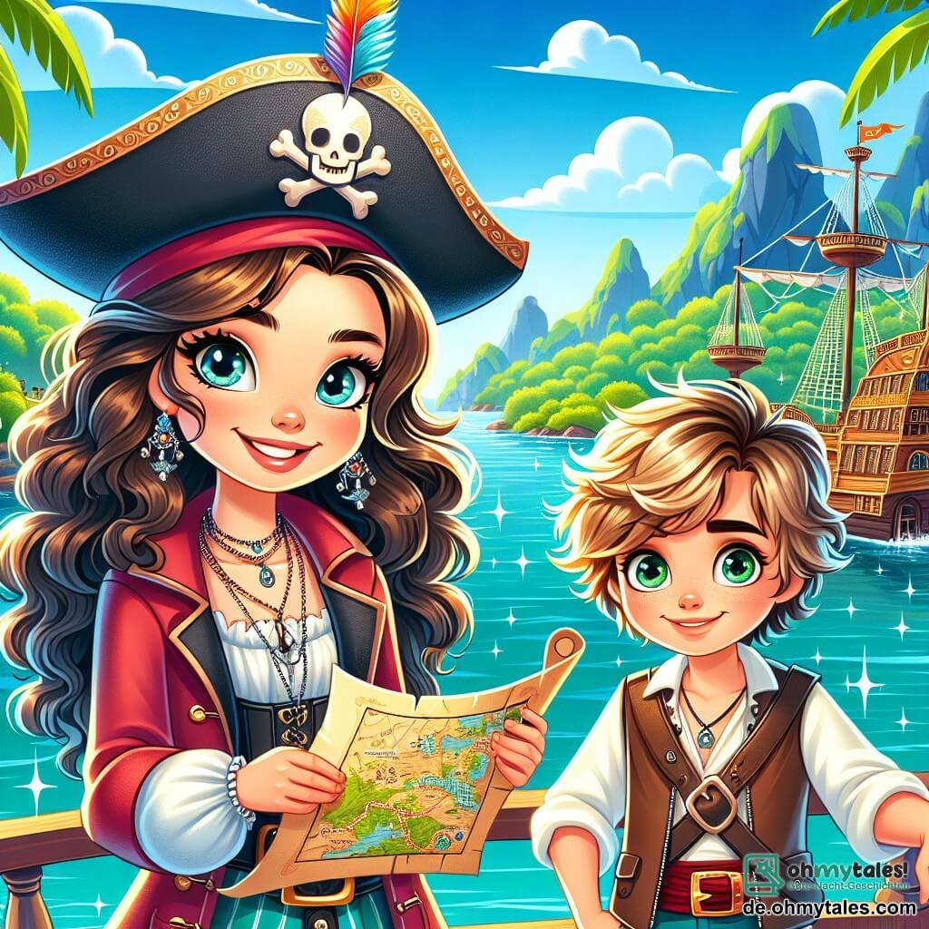 Die Szene zeigt Lila, eine junge Piratin mit langen lockigen Haaren und einem strahlenden Lächeln, die stolz auf dem Deck ihres Schiffes „Sonnenschein“ steht. Sie trägt einen Piratenhut mit einer bunten Feder und eine rote Jacke, während sie in einer Hand eine Schatzkarte hält, ihre Augen leuchten vor Aufregung und Entschlossenheit. Neben ihr steht Max, ein zehnjähriger Junge mit zerzausten blonden Haaren und funkelnden Augen, der die Karte mit Staunen betrachtet. Er trägt eine Lederweste und ein Bandana und scheint bereit für das Abenteuer, die Hände in die Hüften gestützt. Das Schiff ist in der Nähe einer geheimnisvollen Insel verankert, umgeben von glitzerndem türkisfarbenem Wasser. Im Hintergrund sind üppige Palmen und majestätische Berge zu sehen, während der Himmel strahlend blau ist, durchzogen von einigen flauschigen weißen Wolken. Die Hauptsituation der Geschichte zeigt Lila und Max, die ungeduldig und begeistert ihre nächste große Abenteuerreise zur Suche nach dem versteckten Schatz auf der Trauminsel planen, mit einer spürbaren Aufregung in der Luft.