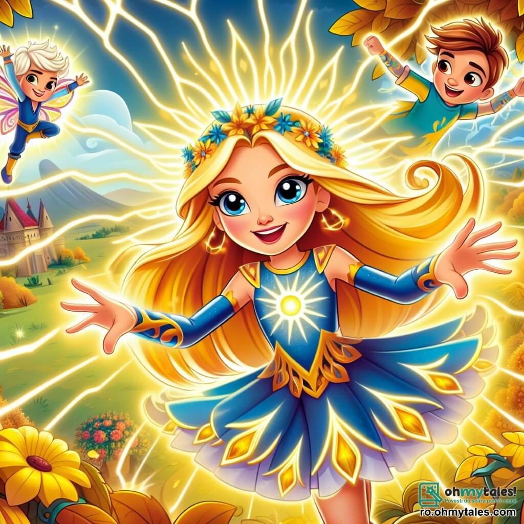 În centrul imaginii, Luminara, o fetiță cu părul lung și auriu, radiază de lumină. Ea poartă un costum colorat, albastru și galben, care strălucește sub soare. Fața ei exprimă determinare și bucurie, în timp ce își folosește puterile pentru a ilumina un parc întunecat, alungând umbrele amenințătoare. La dreapta ei, Fluturaș, un băiat de 10 ani cu aripi multicolore, zboară vesel în aer, observând împrejurimile cu un zâmbet jucăuș. La stânga, Șoapta, o fetiță de 9 ani, se ascunde în spatele unui copac, cu fața pe jumătate invizibilă, având ochii strălucind de curiozitate, pregătită să intervină dacă este necesar. Locul este un parc vibrant de culori, cu copaci cu frunze aurii și flori care par să danseze sub adierea vântului. Cerul este de un albastru strălucitor, presărat cu nori albi pufoși. Situația principală arată cum Luminara folosește lumina sa pentru a respinge umbrele întunecate care îi sperie pe copii, în timp ce prietenii ei o încurajează și o ajută să aducă bucurie și siguranță în acest loc magic.