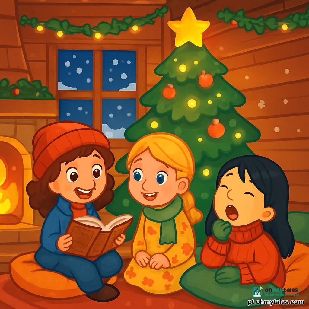 Há 3 personagens: - Clara: uma menina de 9 anos, com cabelos castanhos cacheados, usando um gorro vermelho e um casaco azul. Ela está sentada em uma almofada macia, com os olhos brilhando de excitação, segurando um livro antigo nas mãos. - Leonor: uma menina de 8 anos, com cabelos loiros trançados, vestida com um cachecol verde e um vestido florido. Ela está ligeiramente inclinada para frente, ouvindo atentamente Clara, com um sorriso encantado no rosto. - Beatriz: uma menina de 9 anos, com cabelos negros lisos, usando um grosso suéter vermelho e luvas de lã. Ela está deitada no chão, cercada de almofadas, bocejando, mas seus olhos brilham de curiosidade. O lugar é uma aconchegante casa de madeira, decorada para o Natal, com uma grande árvore iluminada no centro, guirlandas cintilantes e flocos de neve caindo suavemente do lado de fora pela janela. A luz dourada da lareira ilumina o ambiente, criando uma atmosfera mágica e acolhedora. A situação principal da história mostra as três amigas que vigiam juntas, sentadas ao redor da árvore, compartilhando histórias de Natal enquanto aguardam o grande silêncio da noite, com flocos de neve dançando do lado de fora e uma doce melodia natalina pairando no ar.