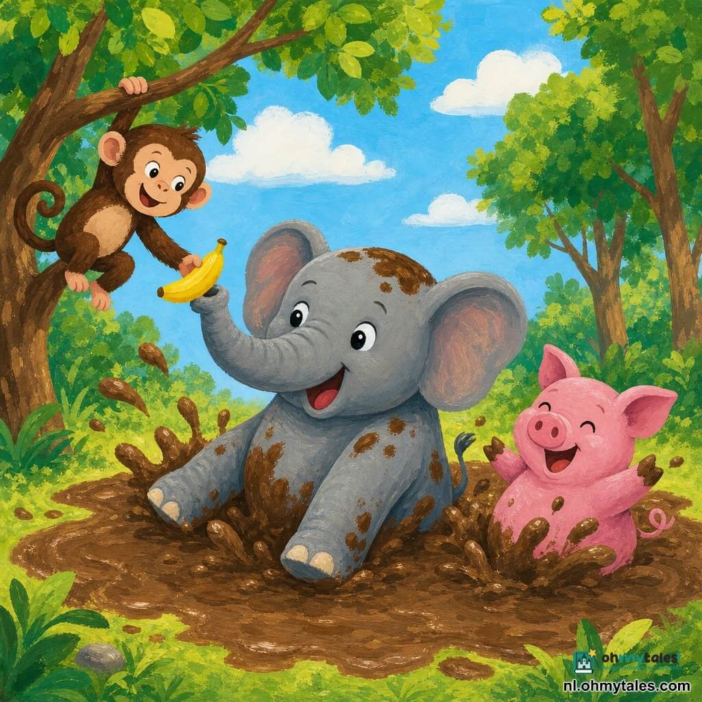 Een olifant genaamd Ollie, blij en een beetje verlegen, met een grote ronde slurf en grijze huid met moddervlekken glijdt met gespreide poten naar een felgele banaan; een klein aapje Apie met bruine vacht en ondeugende ogen hangt links aan een tak en biedt een andere banaan aan; varkentje Vicky, felroze met een krulstaartje, spettert en lacht in een grote bruine modderplas; lichte bosopen plek met groen gras, bruine boomstammen en blauwe lucht; vrolijke, bewegende scène met modderspetters in kinderlijke gouache-stijl, felle contrasterende kleuren, zichtbare penseelstreken, zachte contouren en ronde vormen.