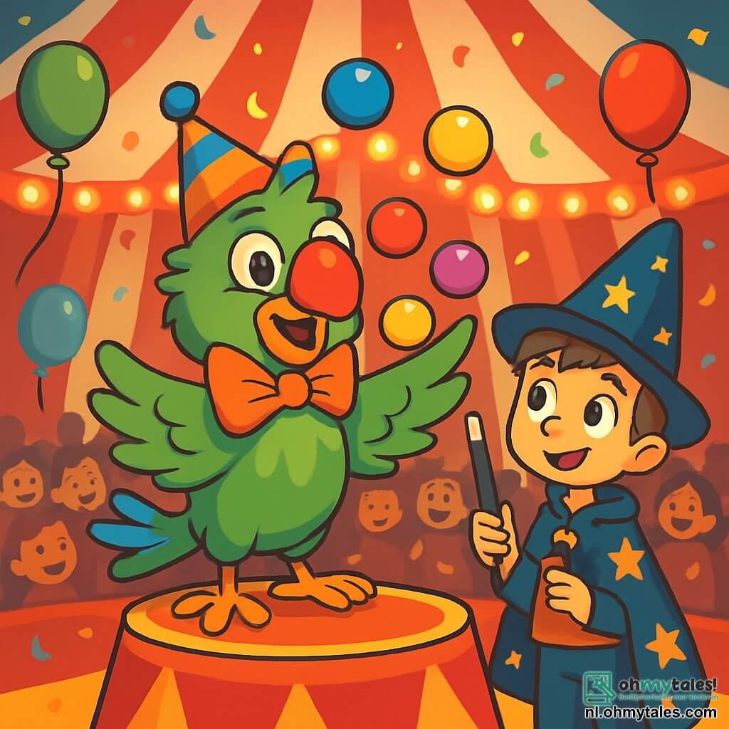 Een vrolijke, felgroene papegaai genaamd Paco, met schitterende veren en ondeugende ogen, staat trots op een groot circuspodium met een ondeugend glimlachje op zijn snavel. Hij draagt een kleine clownoutfit, met een rode neus en een kleurrijke hoed, en jongleert met kleurrijke ballen, terwijl hij een uitdrukking van blijdschap en opwinding toont. Naast hem kijkt een jonge jongen genaamd Max, met een hoge sterrencape en een tovenaarshoed, bewonderend naar Paco, zijn ogen glinsterend van trots. Hij houdt een toverstok vast, klaar om deze te gebruiken voor hun act, en staat iets op de achtergrond, bereid om in te springen. Het decor is een grote circus tent gestreept in rood en wit, vol met fonkelende lichten en verwonderde toeschouwers die allemaal glimlachen en applaudisseren. Kleurrijke ballonnen zweven in de lucht en confetti valt zachtjes om hen heen. De hoofdactie toont Paco die jongleert met de ballen onder het applaus van het publiek, terwijl Max zich voorbereidt om hem te helpen met zijn magie, wat een sfeer van vreugde en verwondering creëert.