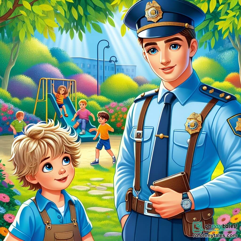 Un tânăr polițist, Radu, un bărbat de 25 de ani, poartă o uniformă albastră strălucitoare, bine ajustată, cu o șapcă pe cap. Fața lui exprimă determinare și curiozitate, iar ochii îi strălucesc de entuziasm în timp ce zâmbește larg. Lângă el, un băiat de 9 ani, Vlad, cu părul blond zburlit și ochi sclipitori, îl privește cu admirație pe Radu, ținând un carnet mic în mâini. Se află într-un parc verde, plin de copaci cu frunze și flori colorate, unde copiii se joacă cu bucurie pe leagăne și tobogane. Scena se desfășoară în timp ce Radu și Vlad tocmai au ajutat o mamă să-și găsească fetița pierdută, ilustrând un moment de camaraderie și ajutor reciproc, în care polițistul îi explică băiatului tânăr importanța de a ajuta pe alții.