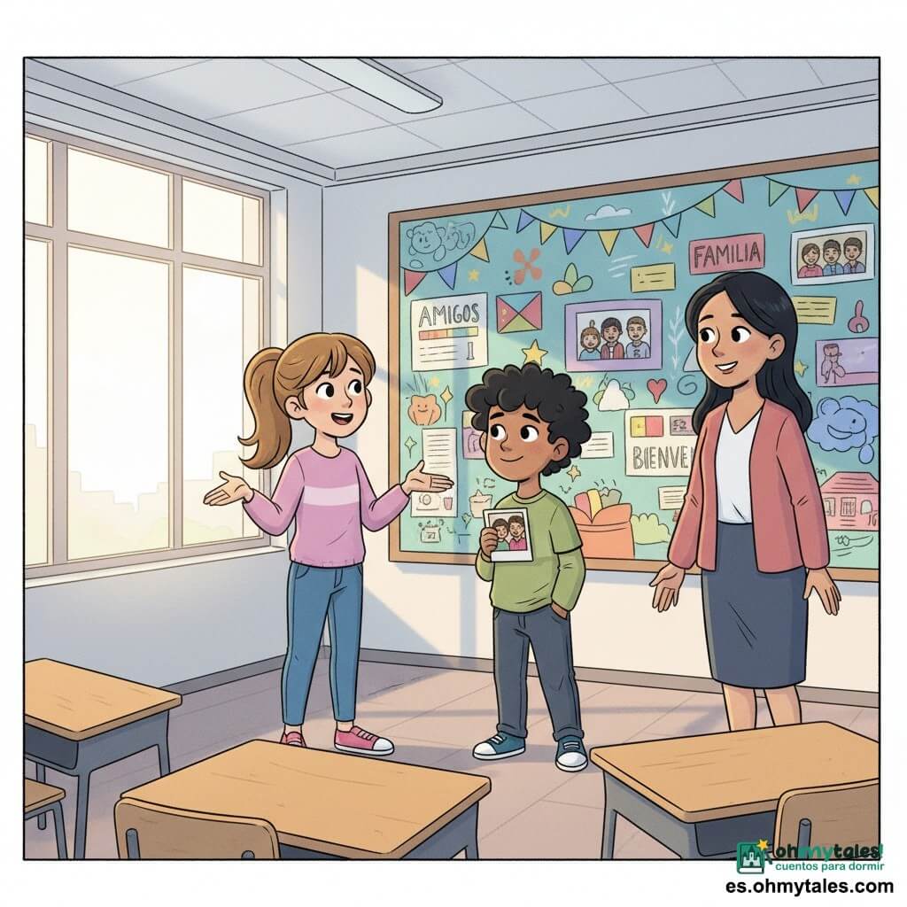 Ana, niña de 10 años radiante y orgullosa con coleta castaña clara y ojos curiosos, de pie ante un mural hablando con las manos abiertas; Samir, nuevo alumno de origen mediooriental de unos 10 años, piel bronceada y cabello negro rizado, sonríe tímidamente junto a ella sosteniendo una foto familiar; un chico de 10 años arrepentido se acerca con las manos en los bolsillos para disculparse; la maestra, mujer latina de cabello negro liso, sonriente y amable junto al tablero; aula luminosa con grandes ventanas, pupitres en semicírculo y un colorido mural con dibujos, banderas, fotos y palabras escritas; ambiente cálido en tonos pastel, expresiones que muestran inclusión y emoción sincera; estilo cómic suave con líneas nítidas, colores cálidos y texturas de papel y lápiz, composición centrada en Ana y Samir.