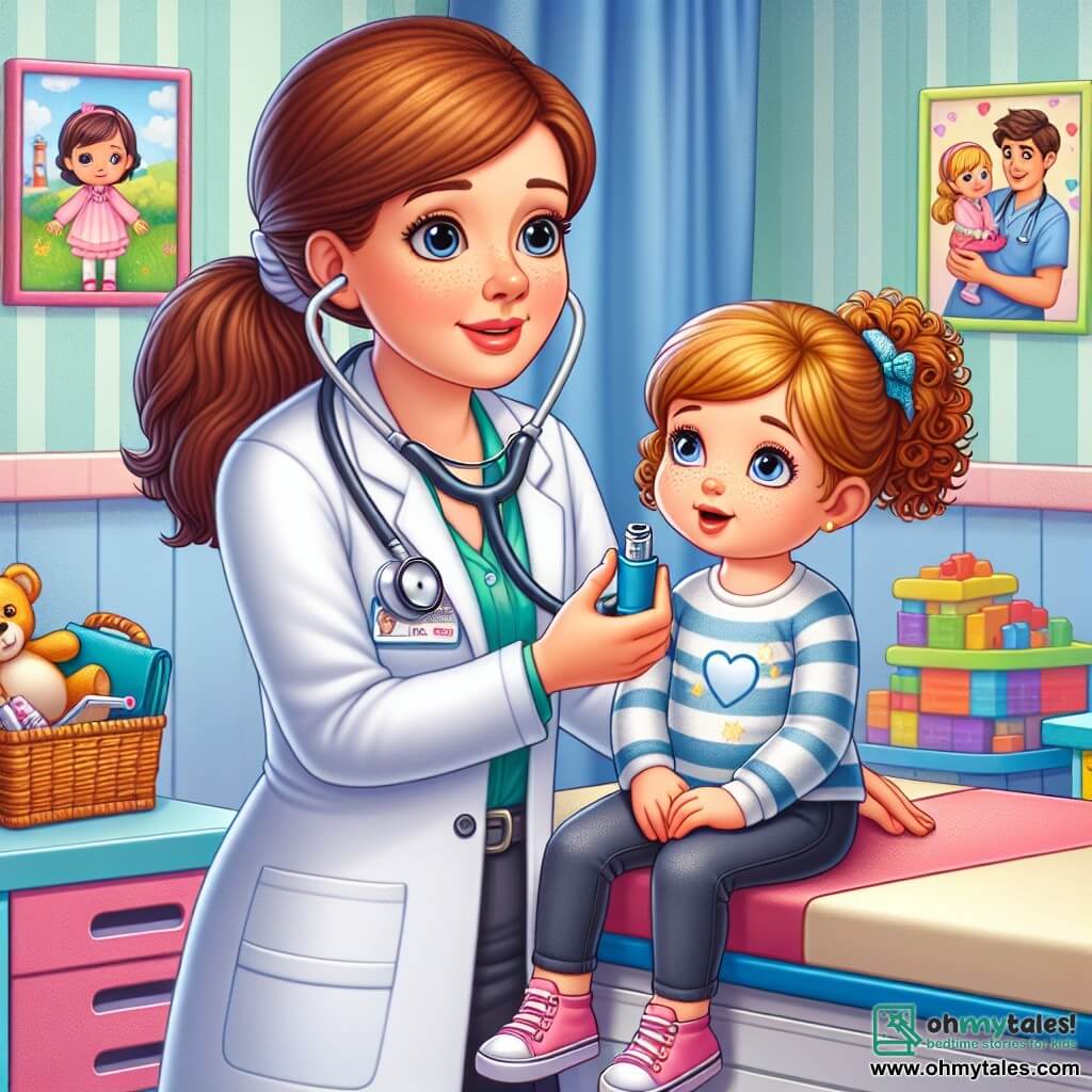 Dr. Lucy is a woman in her thirties with brown hair tied in a neat ponytail. She wears a bright white coat and a stethoscope around her neck, displaying a focused and caring expression. She is examining a small girl, Emma, who is about 7 years old, with curly blonde hair and bright eyes, sitting on an examination table, looking a bit worried but reassured by Dr. Lucy's presence. Nurse Ben, a man in his thirties with brown hair and a mustache, stands beside them holding an inhaler, ready to help. The setting is a colorful clinic with light blue walls, health-themed cartoon posters, and toys scattered on the floor, creating a welcoming and cheerful atmosphere. The main scene shows Dr. Lucy helping Emma use an inhaler, with smiles and reassuring gestures, while Nurse Ben watches attentively, ready to assist if needed.