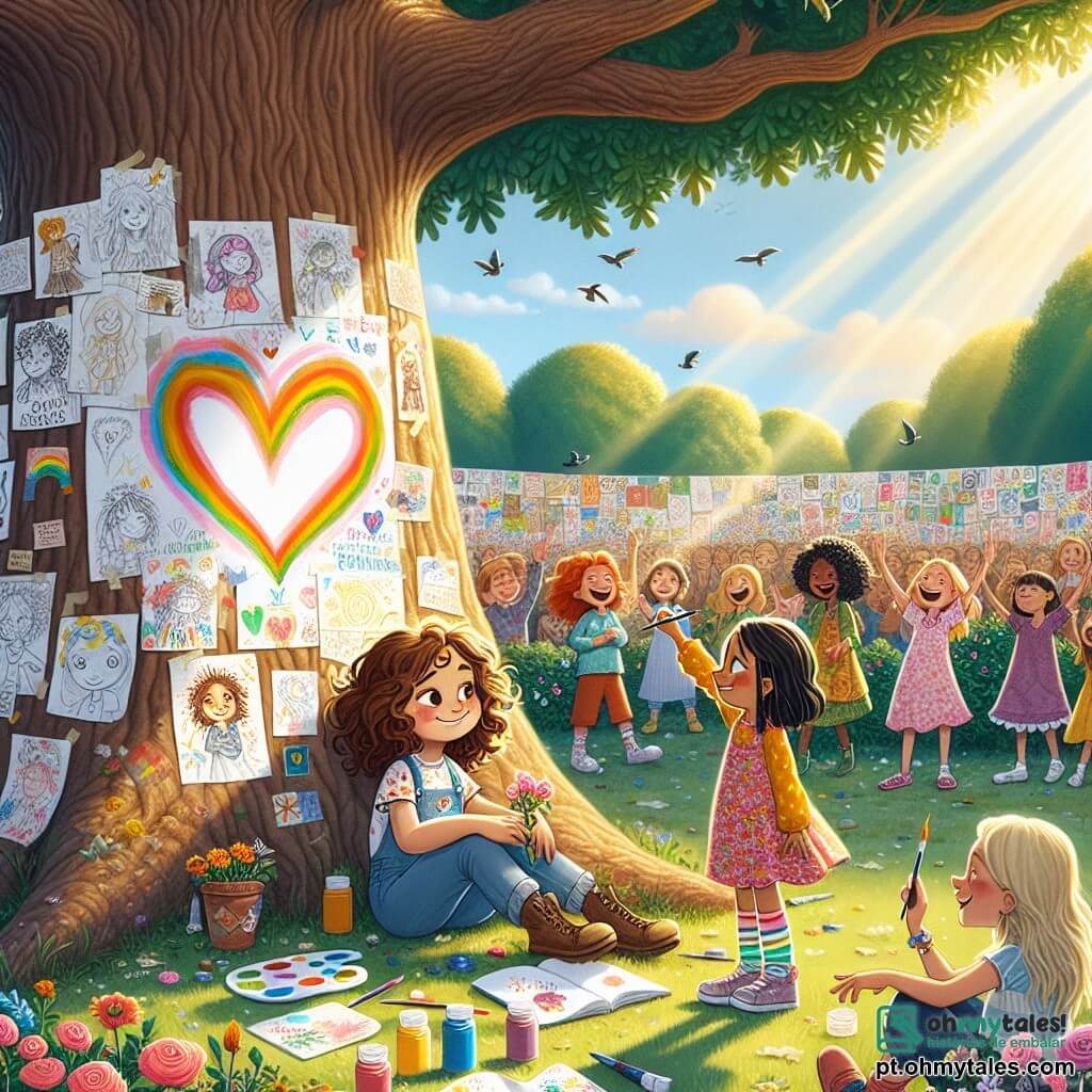 Em um parque ensolarado, uma menina de 9 anos chamada Clara, com cabelos castanhos e cacheados, está sentada sob um grande carvalho, com as pernas cruzadas, segurando um caderno de desenho. Ao lado dela, sua melhor amiga Ana, também de 9 anos, com cabelos longos e lisos, vestindo um vestido colorido, sorri enquanto segura um pincel e tinta. Ao fundo, um grupo de crianças, incluindo um menino chamado Lucas, com cabelos loiros e curtos, e uma menina chamada Sofia, com tranças negras, se reúne em torno de um grande muro colorido, decorado com desenhos e mensagens de esperança. O parque é cheio de verde, com flores vibrantes e pássaros cantando, criando uma atmosfera alegre apesar dos sentimentos de tristeza. A cena principal mostra Clara e Ana pintando um grande coração no muro, simbolizando amor e amizade, enquanto as outras crianças as incentivam, ilustrando a solidariedade diante dos desafios da separação.