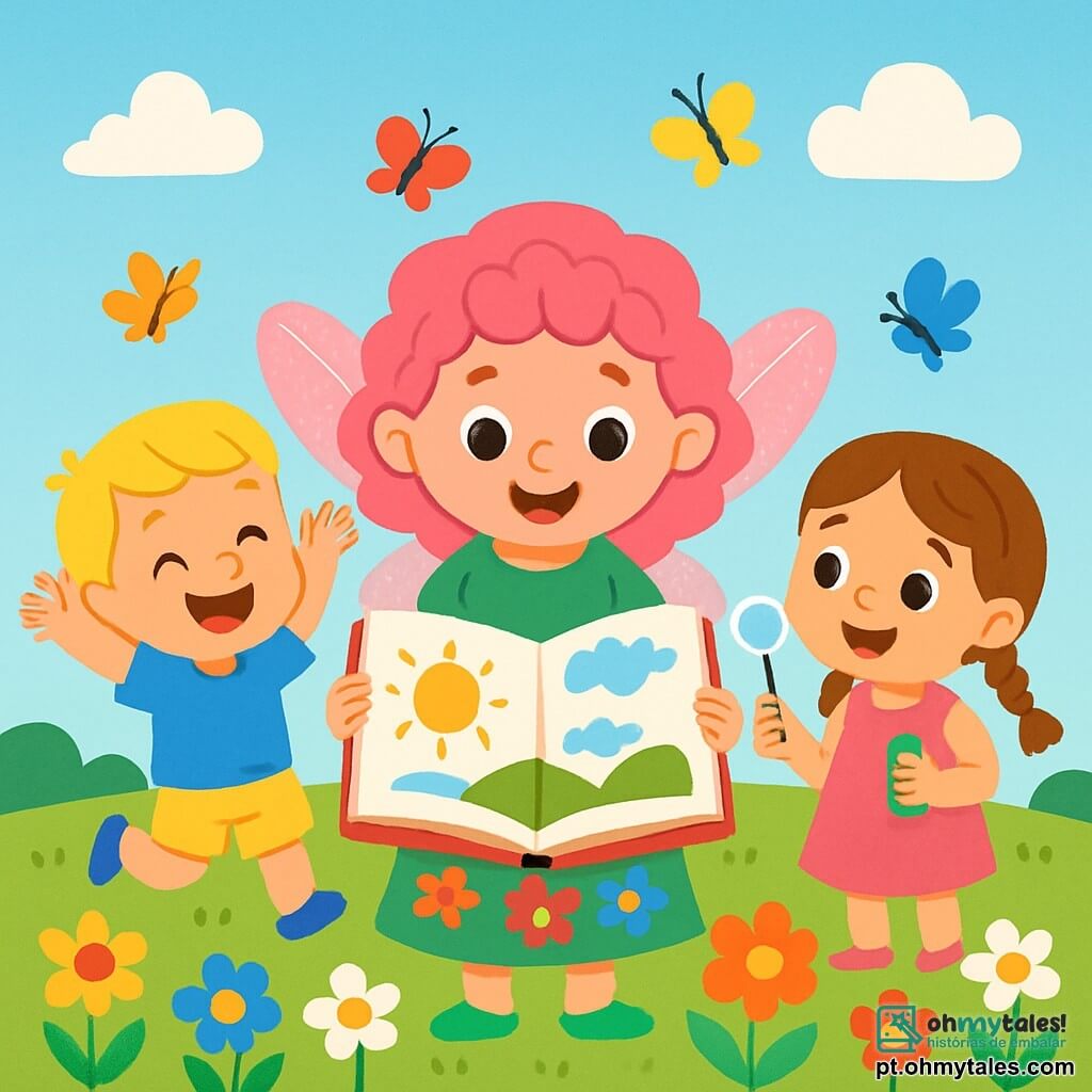 Lila, uma pequena fada com asas brilhantes e cabelos cacheados rosa, sorri maravilhada enquanto segura um grande livro aberto. Ela veste um vestido verde decorado com flores coloridas e está no centro de um campo ensolarado, cercada por flores vibrantes e borboletas dançantes. Ao lado dela, um menino de cabelos loiros e olhos brilhantes, vestido com uma camiseta azul e shorts amarelos, salta de alegria levantando os braços. Ele está cheio de energia e parece ansioso para descobrir o que o livro vai revelar. Um pouco mais longe, uma menina com cabelos castanhos trançados, vestindo um vestido rosa, observa com curiosidade. Ela tem um sorriso radiante e segura uma palhinha colorida, pronta para fazer bolhas de sabão. O local é um vasto campo verde, salpicado de flores multicoloridas sob um céu azul claro, com algumas nuvens fofas flutuando suavemente. A situação principal mostra Lila e seus amigos descobrindo juntos imagens do livro, imaginando aventuras de verão, enquanto riem e se divertem nesse cenário encantador.