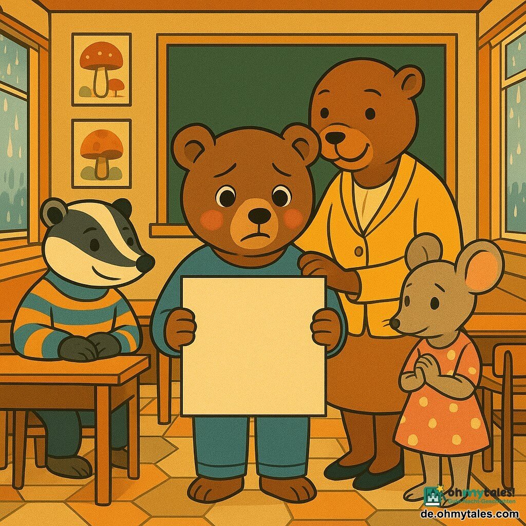 Benno, ein kleiner brauner Bär mit weichem rundem Fell, wirkt beschämt aber erleichtert, die Augen glänzen, die Wangen gerötet; er hält vor sich ein großes fast leeres weißes Papierplakat und steht in der Mitte des Klassenzimmers. Max, ein junger Dachs im gestreiften Pullover, lächelt ermutigend, die Hand auf einem Pult links von Benno, schaut wohlwollend. Emma, eine schüchterne Maus im gepunkteten Kleid, steht rechts, die Hände gefaltet, mitfühlender Blick. Frau Biberlein, eine lächelnde Lehrerin (Biber), steht hinter Benno neben der Tafel und legt beruhigend die Hand auf seine Schulter. Klassenzimmer: Reihen polierter Holztische, große Fenster mit Regentropfen draußen, bunte Wandbilder (Pilzzeichnungen), sechseckige Teppiche, warme geometrische Beleuchtung. Szene: Geständnis und Versöhnung — Benno gesteht einen kleinen Fehler, Atmosphäre von Vergebung und Unterstützung, zentrale symmetrische Komposition, stilisierte Formen, Pastellpalette (honiggelb, blaugrau, puderrosa) mit goldenen Akzenten und klaren Art-déco-Konturen.