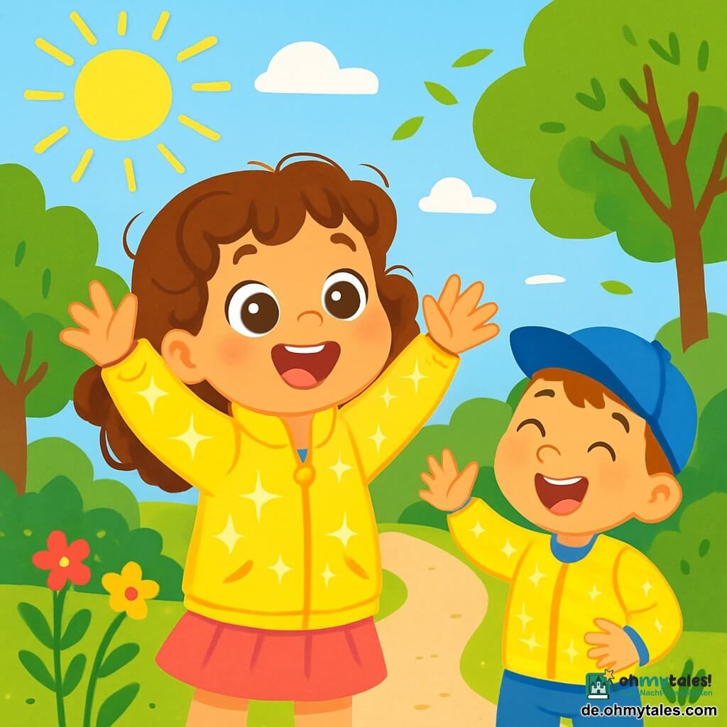 Ein vierjähriges Mädchen, Mia, mit großen, glänzenden Augen und lockigem kastanienbraunem Haar trägt eine leuchtend gelbe Jacke, die in der Sonne funkelt. Sie lächelt begeistert und hebt die Arme, um Sonnenstrahlen zu fangen. Neben ihr steht ein vierjähriger Junge, Leo, mit einer niedlichen blauen Mütze und einem gestreiften T-Shirt, der lacht, während er versucht, seine eigene Jacke zum Funkeln zu bringen. Sie stehen auf einem Weg, umgeben von grünen Bäumen und bunten Blumen, mit einem strahlend blauen Himmel im Hintergrund. Die Szene spielt in einem sonnigen Park, wo Vögel singen und eine leichte Brise die Blätter tanzen lässt. Mia und Leo spielen, um Sonnenstrahlen zu fangen, ihre Lacher hallen in der frischen, fröhlichen Luft, gefüllt mit Abenteuern und Entdeckungen.