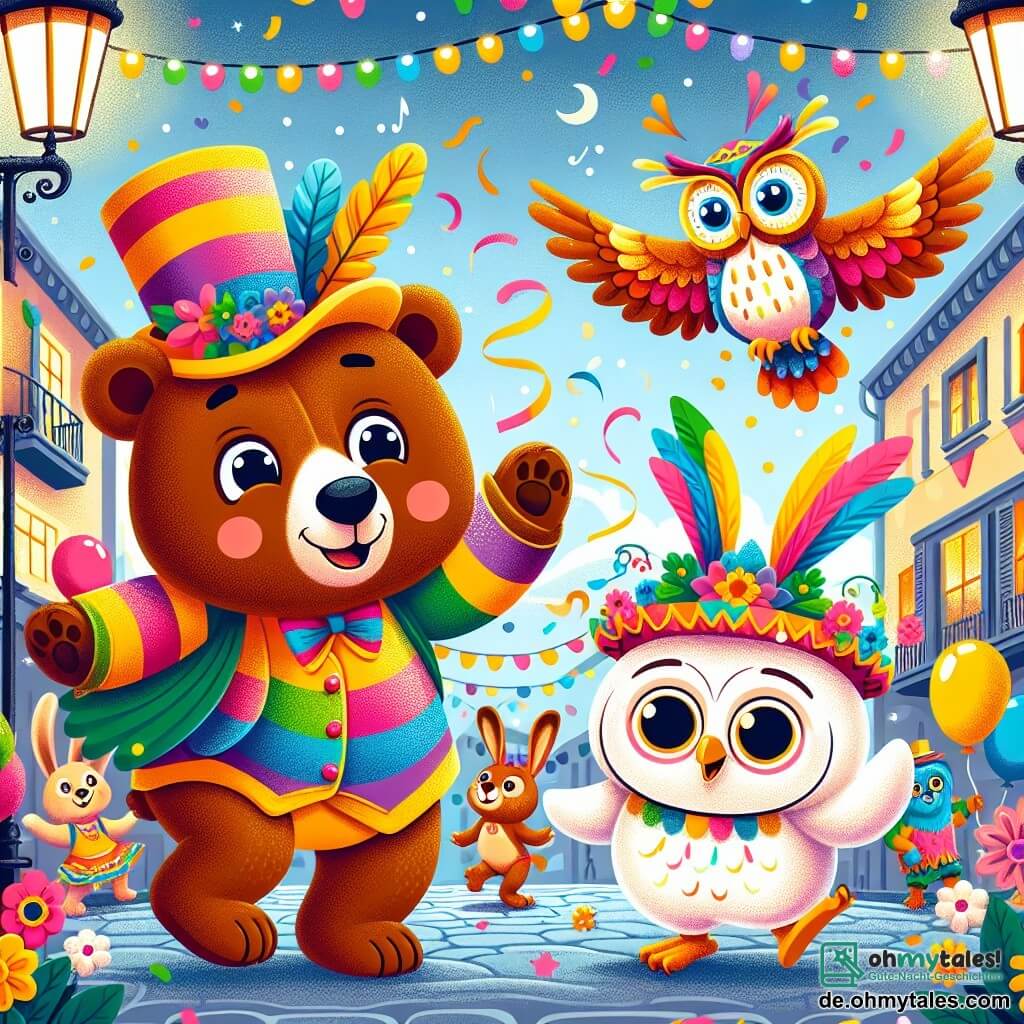 Ein fröhlicher brauner Bär namens Bruno, gekleidet in ein buntes Regenbogenkostüm, tanzt begeistert auf einer Karnevalsfeier, sein Gesicht strahlt vor Glück. Neben ihm fliegt eine bunte Eule mit großen leuchtenden Augen fröhlich singend, während ein kleiner weißer Hase mit einem festlichen Hut um sie herum hüpft und strahlend lächelt. Die Szenerie ist eine belebte Straße, geschmückt mit Blumenketten und glitzernden Laternen, wo Ballons in der Luft schweben und Konfetti wie Sterne herabfallen. Die Szene zeigt Bruno und seine Freunde, die zusammen tanzen und lachen, umgeben von leuchtenden Farben und einer festlichen Atmosphäre, die die Magie des Karnevals feiert.