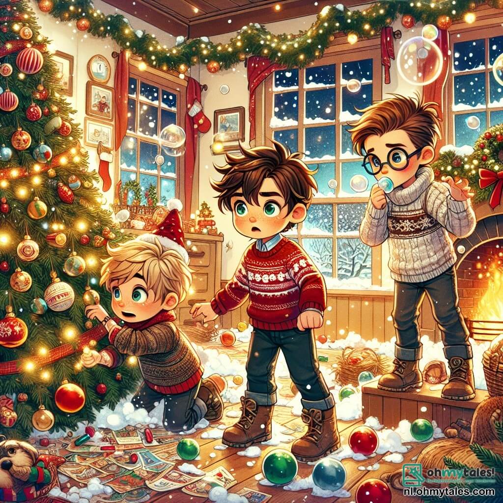 In een warme kamer, versierd voor Kerstmis, zijn drie jongens bij elkaar. Tom, een 7-jarig jongetje met rommelig bruin haar en een rode trui, staat in het midden met zijn armen omhoog en een bezorgde blik. Aan zijn rechterkant probeert Max, een 8-jarige jongen met een bril en blond haar, de grote kerstboom die omgevallen is, weer rechtop te duwen. Aan de linkerkant blaast Sam, een 6-jarige jongen met kastanjebruin haar en een kerstmuts, in een zeepbel, in de hoop de kerstman te roepen. De kamer is gevuld met glinsterende slingers, kleurrijke ballen en een grote open haard waar een warm vuur knettert. Buiten vallen langzaam sneeuwvlokken, wat een betoverende sfeer creëert. De scène toont de jongens die samenwerken om de boom rechtop te zetten, terwijl zeepbellen door de lucht zweven, wat een magisch tintje aan de situatie toevoegt.