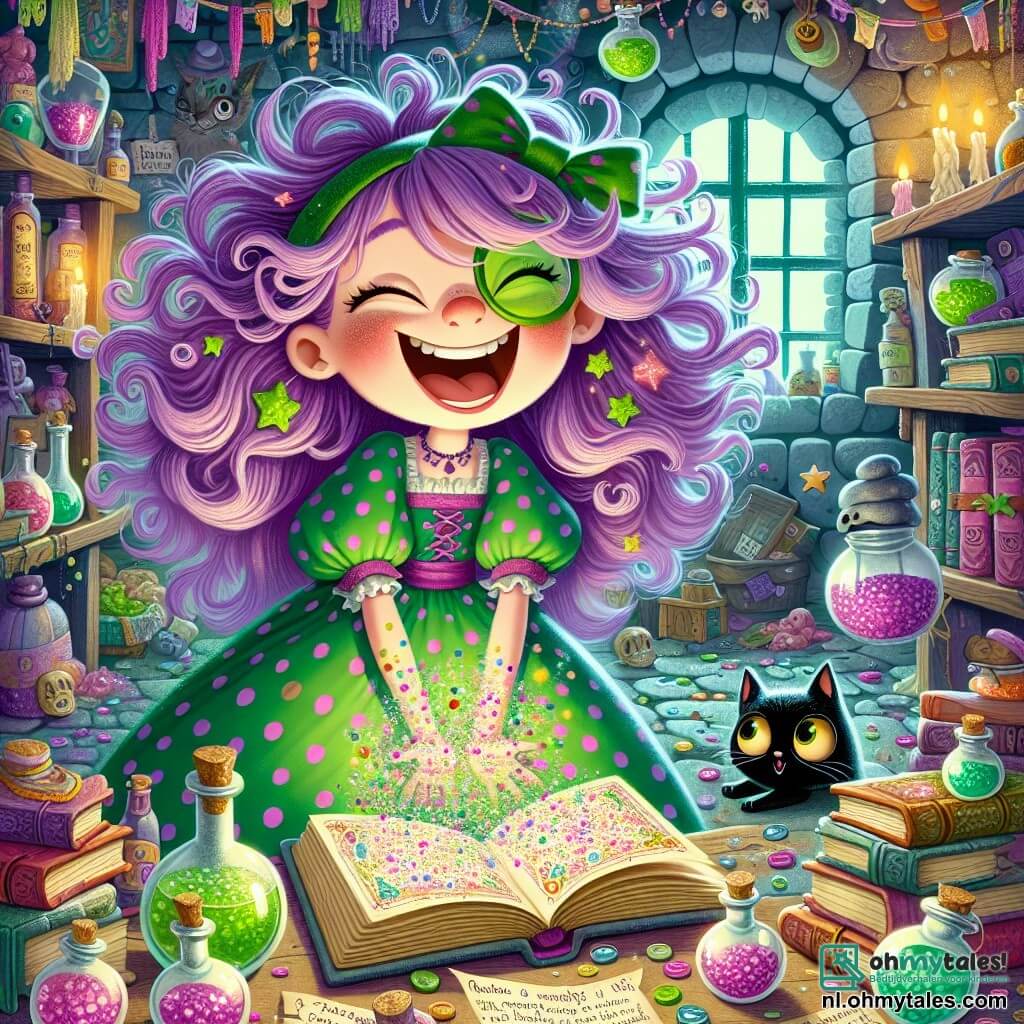 Giechelheks, een blije heks met rommelig paarse haren en een grote groene jurk met stippen, lacht luid, met ondeugende sprankeling in haar ogen. Ze staat in haar stoffige kelder, omringd door oude boeken en kleurrijke potten, terwijl ze een glinsterend grimoire open voor zich houdt. Aan haar voeten kijkt een nieuwsgierige, ondeugende groene kikker met grote ogen naar het boek. In een hoek van de kelder rekt een zwarte kat met gouden ogen, genaamd Minou, zich lui uit en kijkt met een geamuseerde blik naar de scène. De kelder is gevuld met glanzende spinnenwebben en kleurrijke toverdranken, wat een magische en mysterieuze sfeer creëert. Giechelheks staat op het punt om een grappige spreuk hardop voor te lezen, omringd door kleurrijke confetti die in de lucht begint te zweven, terwijl de kikker klaar lijkt om van verrassing te springen.