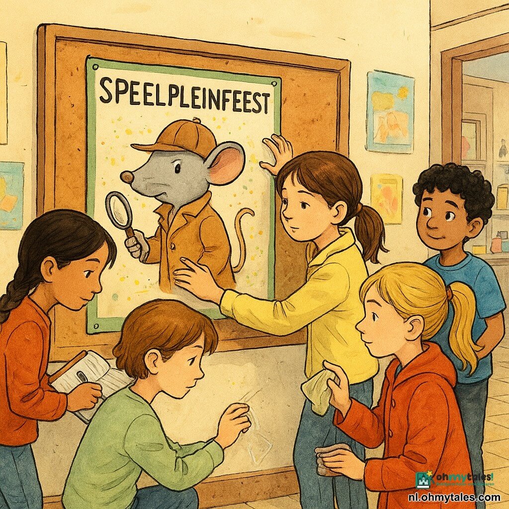 Er zijn vijf kinderen: Noor (~10) met bruine paardenstaart en lichtgele jas staat bij het prikbord en plakt geconcentreerd een hoek van de affiche vast; Yara (~11) met zwarte vlechten houdt links een open notitieboekje en pen en controleert uur en details; Mila (~10) met kort kastanjebruin haar en lichtgroene trui knielt voor het bord en plakt een hoek van het doorzichtige plastic; Zoë (~9) met blonde staartjes en rode jas staat rechts met een doekje en veegt voorzichtig stof en glitters weg; Finn (~11) met krullend zwart haar en blauw T‑shirt staat iets achteraan met een doos punaise en een klein tekeningetje van de muis‑detective. Locatie: lichte schoolgang met beige tegels, crèmekleurige muren en een groot versleten kurkprikbord, open lokaal met verfpotten en glitters zichtbaar rechts. Situatie: de kinderen herstellen samen een grote affiche voor het "Speelpleinfeest" waarop een handgetekende muis‑detective staat, groene rand, glitters onder een doorzichtige folie die Mila zorgvuldig vastplakt; sfeer van samenwerking en zorgvuldige reparatie.