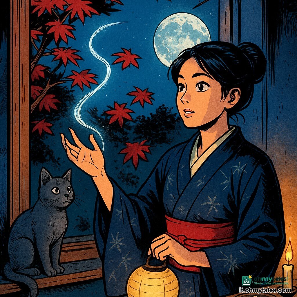 Giovane donna Aki, volto dolce e concentrato, mano verso un filo di vento argentato che scende tra i rami; indossa haori blu notte con motivo di bambù discreto, kimono crema, obi rosso, capelli neri in chignon semplice, tiene una piccola lanterna di carta nell’altra mano; un gatto grigio sul davanzale a sinistra la osserva; sul tavolo dietro un piccolo altare con candela accesa e ciotola di riso che emana una calda luce; finestra aperta su aceri dalle foglie rosse e una luna piena argentea bassa; il filo di vento è una linea luminosa, sottile, traslucida e setosa che ondeggia verso la mano di Aki; atmosfera notturna chiara con contrasto di luci calde interne e riflessi freddi lunari, colori saturi in stile fumetto americano.