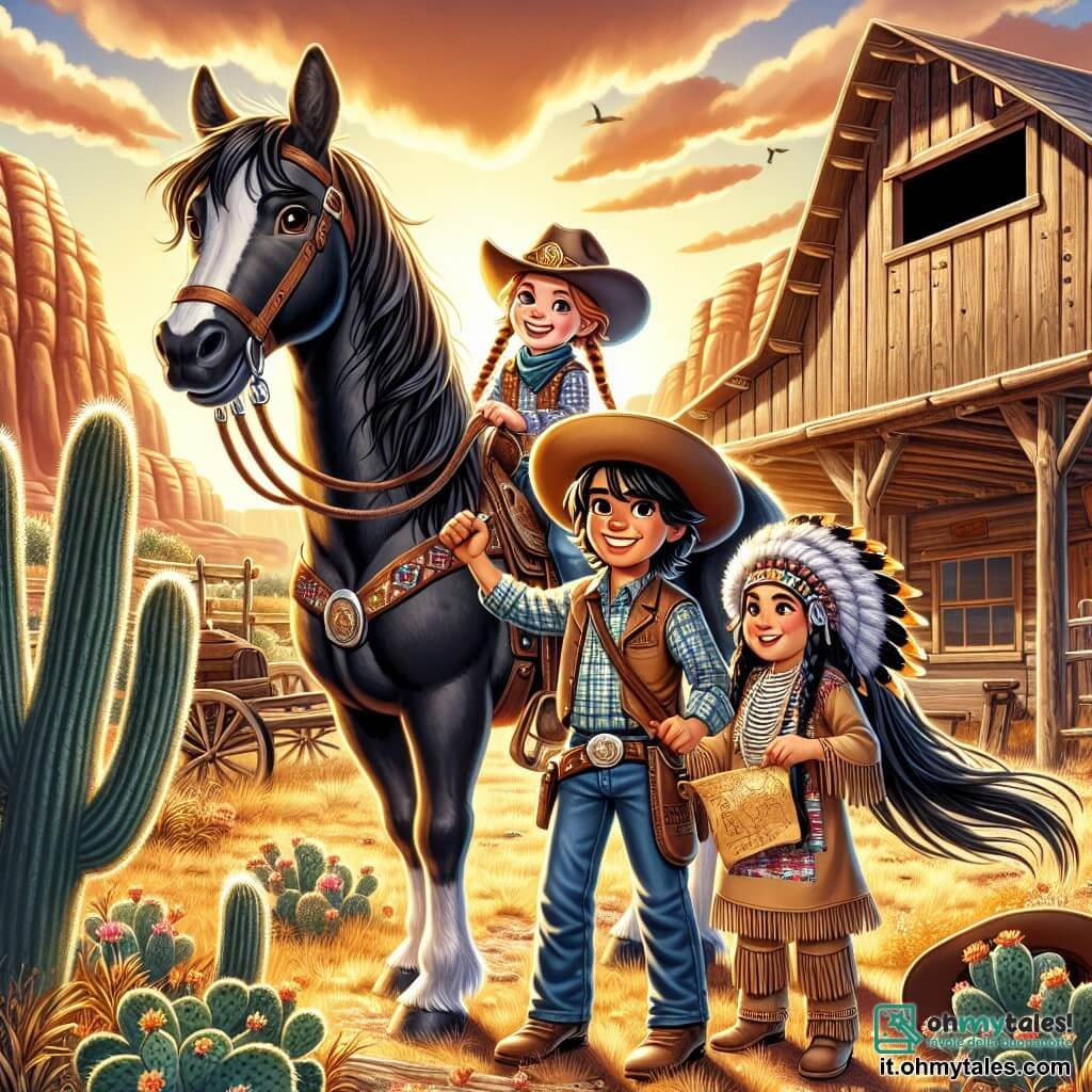 In primo piano, Lily, una giovane cow-girl di 12 anni, è rappresentata con lunghi capelli intrecciati, indossando un grande cappello da cowboy e una camicia a quadri. Il suo viso esprime una gioia determinata mentre tiene saldamente le redini del suo cavallo, Thunder, un magnifico mustang nero. Accanto a lei, Nuvola Bianca, un giovane indiano di 13 anni, ha lunghi capelli neri e indossa una tunica tradizionale decorata con motivi colorati. Sorride amichevolmente, tenendo una mappa antica tra le mani, pronto ad aiutare Lily nella sua ricerca. Lo sfondo si trova nel ranch di Silver Creek, con colline dorate all'orizzonte, cactus sparsi e un vecchio fienile di legno dietro di loro, illuminato dalla calda luce del sole al tramonto. La scena principale mostra Lily e Nuvola Bianca, in piedi davanti al vecchio fienile, esaminando insieme il misterioso diario di Wild Bill, circondati da un'atmosfera di avventura e mistero, pronti a scoprire i segreti del passato.