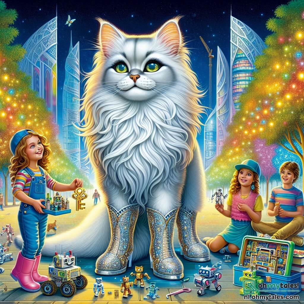In het midden van de afbeelding staat de Gelaarsde Kat, een elegante kat met een zijdezachte vacht en glanzende laarzen, trots en glimlachend, met sprankelende ogen vol enthousiasme. Hij houdt een kleine gouden sleutel vast, symbool van zijn avontuur, terwijl hij op een stapel kleurrijke boeken staat, omringd door robotvormige speelgoedjes. Rechts van hem kijkt een meisje van ongeveer 10 jaar, met lange krullende haren en een kleurrijke jurk, met bewondering naar de Kat. Ze houdt een kleine gereedschapsdoos vol schroeven en robotonderdelen vast, klaar om hem te helpen met hun project. Links staat een jongen van 9 jaar, met een achterstevoren pet en een gestreept t-shirt, die glimlacht terwijl hij een klein robotje vasthoudt dat hij heeft gebouwd, wat zijn enthousiasme voor de samenwerking toont. De achtergrond toont een futuristisch park, vol met bomen met glinsterende bladeren en heldere bloemen, met kinderen die om hen heen spelen en lachen. Op de achtergrond rijzen moderne gebouwen met geometrische vormen omhoog onder een stralende blauwe lucht, wat een vrolijke en dynamische sfeer creëert. De belangrijkste situatie toont de Gelaarsde Kat en de kinderen verenigd in een moment van creativiteit, terwijl ze samen werken aan het bouwen van een reusachtige robot, wat vriendschap en gelijkheid symboliseert, terwijl kleurrijke spraakballonnen om hen heen zweven, die hun vreugde en vastberadenheid om samen te slagen uitdrukken.