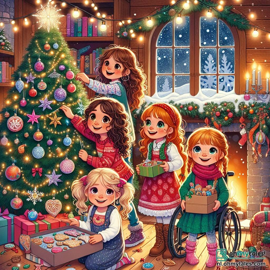 In het midden van de afbeelding staan vier vriendinnen rond een prachtige kerstboom. Emma, een zevenjarig meisje met krullend bruin haar en sprankelende ogen, staat links met een kleurrijke slinger die ze op de laagste tak wil hangen. Lotte, een zevenjarig meisje met blond haar en vlechten, staat rechts van Emma en versiert de boom met glanzende sterren. Sara, een zevenjarig meisje met rood haar en sproeten, staat achter de boom met een doos glinsterende versieringen en een verwonderde blik. Noor, een zevenjarig meisje in een rolstoel, staat in het midden, omringd door haar vriendinnen, met een grote glimlach en kerstkoekjes die ze samen hebben versierd. De setting is een warme kerst woonkamer met houten muren en fonkelende lichtslingers. Een haard vuurt zachtjes en buiten vallen sneeuwvlokken door een versierde raam. De meisjes zijn druk in de weer, lachend en kerstliedjes zingend terwijl ze de boom met liefde versieren, wat een feestelijke en vrolijke sfeer creëert.
