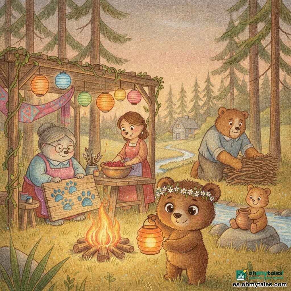 Personaje principal: un pequeño osezno marrón de pelaje suave, ojos redondos y curiosos, sonrisa tímida, con una corona de flores ladeada y una linterna de papel naranja junto al fuego; secundaria 1: la abuela osa, de figura redonda y pelaje gris, pintando un cartel con huellas azules; secundaria 2: la madre osa, de pelaje castaño claro y sonrisa amable, lavando frambuesas en un cuenco; secundaria 3: el padre oso, grande y fuerte, apilando ramas para la hoguera; secundaria 4: un hermanito osezno juguetón modelando un tiesto de barro junto al arroyo; lugar: un prado entre pinos con un pórtico de madera cubierto de enredaderas y telas, hierba dorada junto a un arroyo y una casita de piedra a lo lejos bajo un cielo crepuscular rosa‑anaranjado; situación: velada familiar de verano alrededor del fuego con linternas de papel colgantes, ambiente cálido, artistas y herramientas sobre mesas y gestos afectuosos.