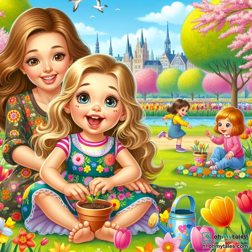 Een klein meisje van 6 jaar, Lise, met lange blonde haren en sprankelende ogen, zit op het groene gras van het park met een grote glimlach op haar gezicht. Ze draagt een kleurrijke bloemenjurk en houdt een klein potje aarde vast, waar ze zaden in heeft geplant. Naast haar zit haar moeder, een vrouw van rond de dertig met kastanjebruin haar en een warme glimlach, die zich bukt om haar te helpen met een kleurrijke gieter. Het park is vol met schitterende bloemen, tulpen en narcissen, met bloeiende bomen die zachtjes dansen in de lentebries. Kinderen spelen op de achtergrond, lachen en rennen, terwijl een oude man met een witte baard een verhaal vertelt aan een groep kinderen die om hem heen zitten. De scène toont Lise en haar moeder die zaden planten in de tuin van het park, omringd door de schoonheid van de lentennatuur, symboliserend de vernieuwing en verwondering van de lente.