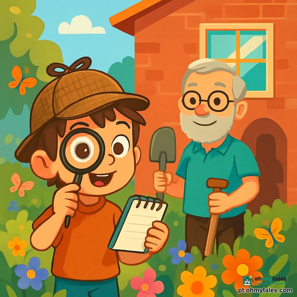 Um menino pequeno, Lucas, de oito anos, está em frente a uma casa com um olhar determinado e curioso. Ele usa um chapéu de detetive de tweed, uma lupa em uma mão e um bloco de notas na outra. Seus olhos brilham de excitação e ele tem cabelos castanhos bagunçados. Ao lado dele, o vizinho, o senhor Joaquim, um homem de sessenta anos, sorri calorosamente. Ele usa óculos redondos e tem uma barba grisalha bem aparada, segurando uma pá, pronto para jardinagem em seu jardim colorido. O cenário é um jardim luxuriante, cheio de flores vibrantes, com borboletas voando ao redor. Ao fundo, há uma casa de tijolos vermelhos com uma grande janela no segundo andar, onde a luz do sol brilha através de um espelho. A cena mostra Lucas examinando o jardim, intrigado por uma sombra misteriosa projetada na parede da casa, enquanto o senhor Joaquim o observa com um sorriso benevolente.