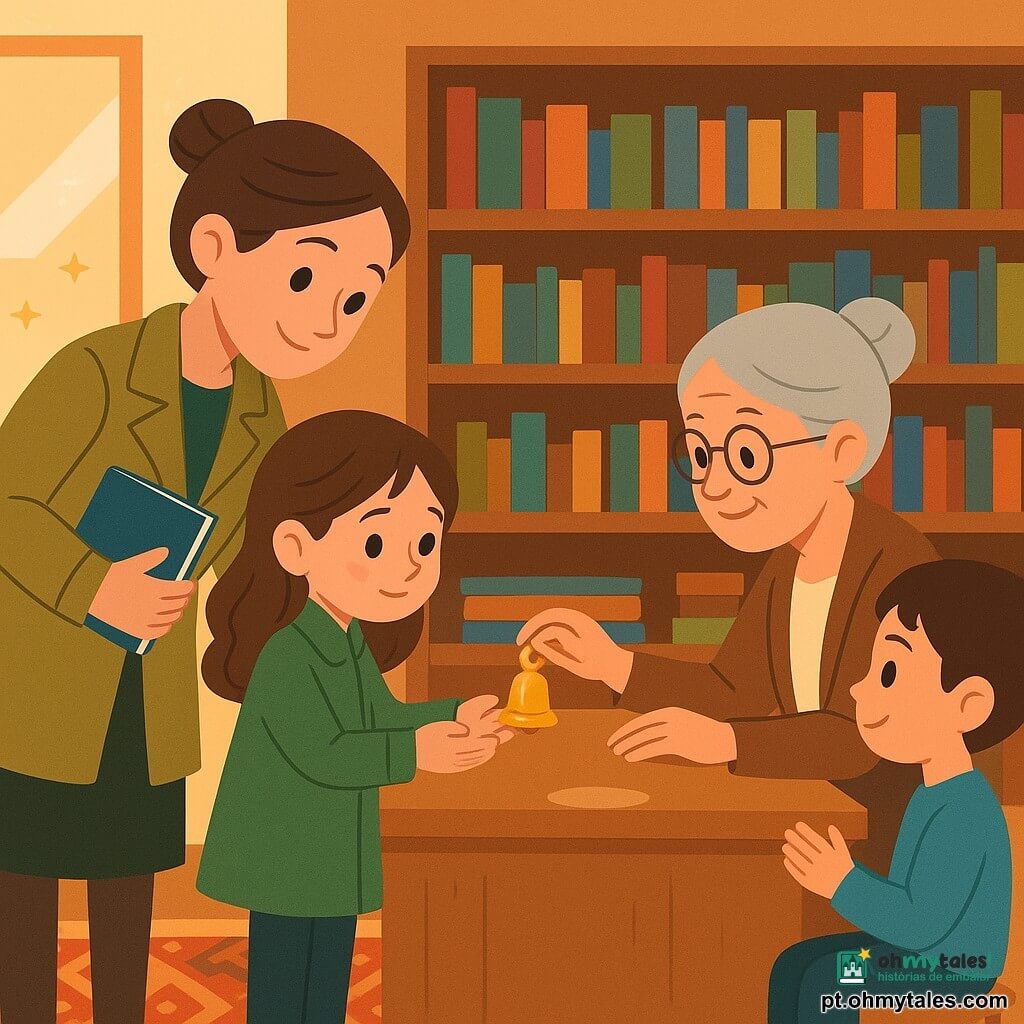 Marta, detetive sorridente de cabelo preso, inclina-se para tranquilizar Pipa, uma menina tímida que entrega um pequeno carilhão dourado ao balcão da pequena biblioteca à bibliotecária Dona Celina, de cabelo grisalho e gesto acolhedor; Bia e Tomás observam sentados, enquanto o interior acolhedor com estantes de livros, tapete e luz quente realça o momento terno da devolução do carilhão.
