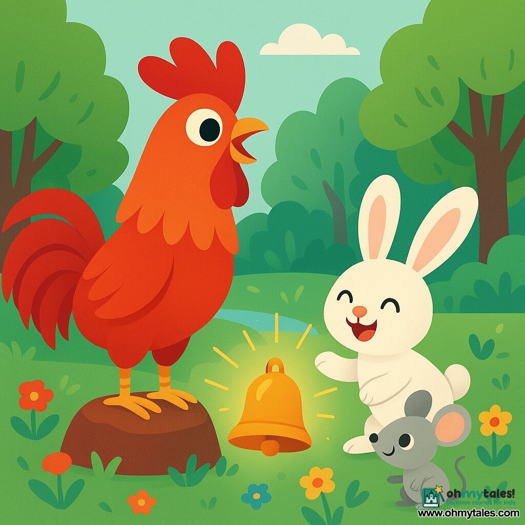A brightly feathered red rooster stands proudly on a small rock, with a determined and joyful expression. Its eyes shine with excitement as it sings a sweet melody. Next to it, a small rabbit with large white ears approaches, hopping happily with a friendly smile. A curious and lively little gray mouse stands near the rabbit, looking at the rooster with admiration. In the background, a lush forest stretches out, with trees featuring shiny leaves and a sparkling stream winding through colorful flowers. The scene captures the moment when the rooster and its friends discover the lost bell, with golden light illuminating the area, creating a magical and friendly atmosphere.