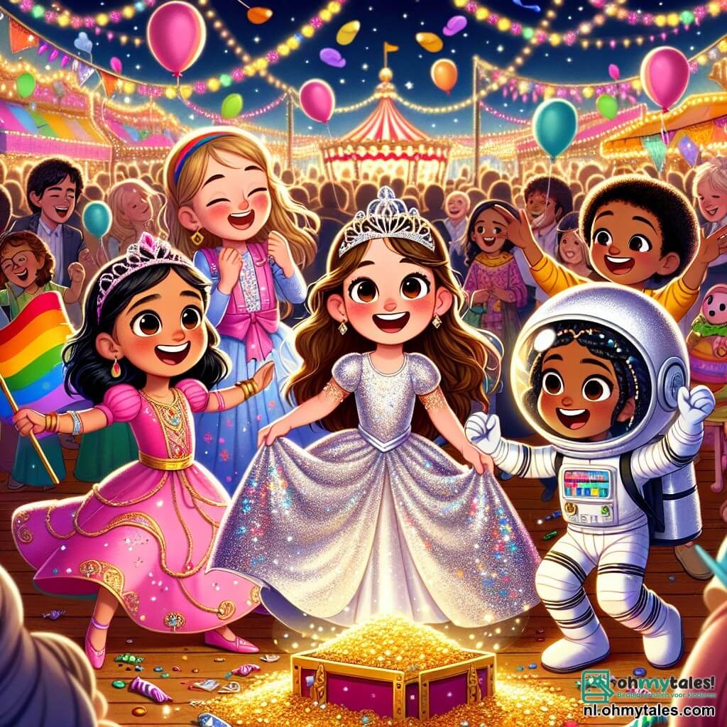 In het midden van de afbeelding staat Mila, een 8-jarig meisje met lang bruin haar en een schitterende prinsessenjurk, die vrolijk glimlacht terwijl ze een schatkaart vasthoudt. Rechts van haar staat Emma, een 9-jarig meisje met een paardenstaart van blond haar en een zilveren astronautenkostuum, die met haar vinger naar een spannende richting wijst. Links danst Noor, een 8-jarig meisje met zwart haar en een kleurrijke jurk die op een regenboog lijkt, enthousiast. Ten slotte staat Sam, een 7-jarig jongetje met rood haar en een grappige clownsneus, voor hen met glinsterende ogen van opwinding. De achtergrond toont een groot carnavalsplein, vol kleurrijke versieringen: ballonnen zweven in de lucht, lichtslingers schitteren en er zijn snoepstands zichtbaar op de achtergrond. Mensen dansen vrolijk om hen heen, wat een feestelijke sfeer creëert. De hoofdscène toont de vier vrienden die een grote kist ontdekken, versierd met linten en ballonnen, met stralende glimlachen op hun gezichten, klaar om de kist te openen en de verrassing binnenin te onthullen.