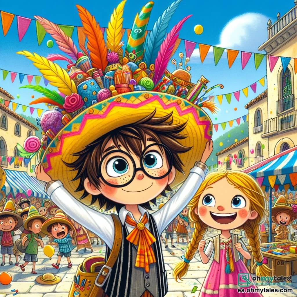 Un niño de 12 años, Nico, con el cabello castaño desordenado y ojos brillantes de creatividad, se encuentra en el centro del escenario, sonriendo ampliamente, llevando un sombrero extravagante hecho de colores vivos, plumas y purpurina. A su lado, su mejor amiga Lili, una niña de 11 años con trenzas rubias y gafas redondas, lo anima levantando los brazos, llena de entusiasmo, con una pequeña bolsa llena de materiales de manualidades a sus pies. La escena transcurre en la animada plaza de Villasonrisa, rodeada de puestos coloridos y decoraciones festivas, donde los habitantes ríen y aplauden, creando una atmósfera alegre y vibrante. Al fondo, niños juegan y globos flotan en el cielo azul, añadiendo a la ambientación festiva. Nico y Lili están presentando su sombrero en el concurso de creación de sombreros, con miradas admirativas del público que los rodea, cautivado por su creación única y colorida.