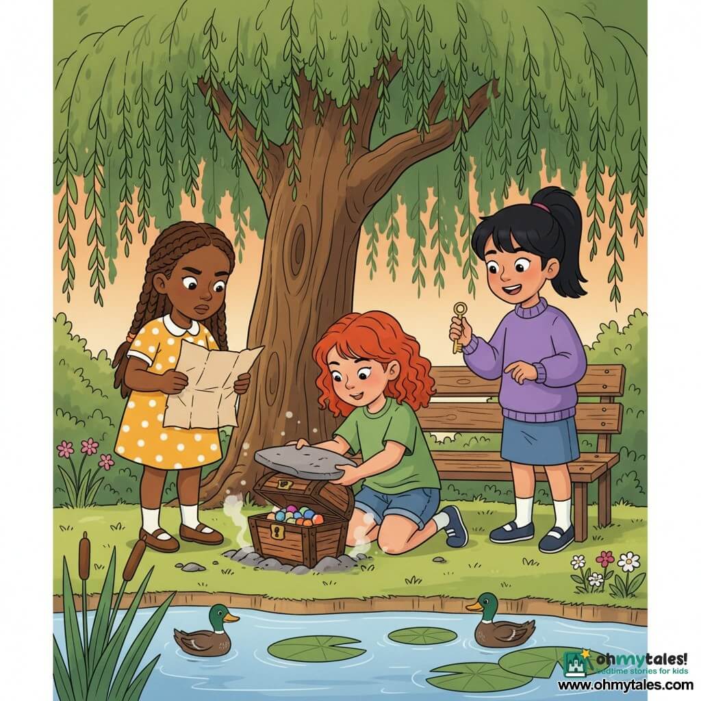 Three nine-year-old girls under a large weeping willow by a pond: on the left a brown-haired girl with mid-length braided hair in a yellow polka-dot dress holds a crumpled old map and looks down, in the center a red-curled girl in a green T-shirt and denim shorts kneels and is turning over a flat stone to reveal a small carved wooden chest, and on the right a black-haired girl in a ponytail wearing a purple sweater smiles holding a small golden key; warm late-afternoon light, green grass, reeds, water lilies, a weathered wooden bench behind them, and the open chest shows colorful marbles and a small teddy bear.