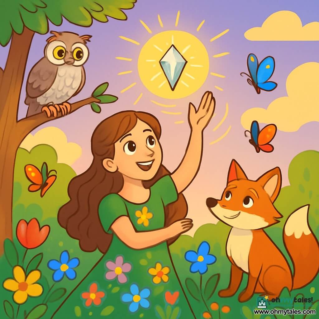 A woman named Elara, in her thirties, stands in the center of an enchanting garden, her face radiating softness and determination. She has long, wavy chestnut hair and wears a green dress adorned with colorful flowers dancing in the wind. Her eyes shine with hope as she raises her hands toward a sparkling crystal surrounded by golden light. To her left, a wise old owl with silver feathers and round eyes watches her kindly from a tree branch. To her right, a curious and playful fox with fiery fur gazes at the crystal, its bushy tail waving behind it. The garden is a vibrant tableau of bright colors, with vivid red, blue, and yellow flowers, and butterflies fluttering around Elara. In the background, a lavender sky mingles with golden clouds, creating a magical atmosphere. The main scene shows Elara lifting the crystal of radiant light, while the wind, in the form of glowing spirals, begins to rise around her, ready to soar into the sky.