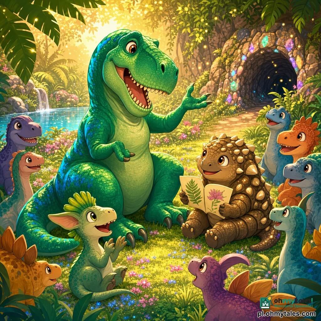 Uśmiechnięty, życzliwy Tyranozaur rex, duży i masywny, z błyszczącymi zielono-błękitnymi łuskami, siedzi na tylnych łapach i gestykuluje, opowiadając historię; obok niego Nibi, mały, okrągły ankylozaur z brązową błyszczącą skorupą i lekkim uśmiechem, trzyma ilustracje; na pierwszym planie mały zielony dinozaur z grzebieniem, zachwycony i bijący brawo; w półokręgu w tle inne przyjazne dinozaury, urzeczone i lekko się śmieją; scena w jasnej, tajemniczej polanie z trawą i różowo-niebieskimi kwiatami, dużymi paprociami, lśniącym jeziorkiem po lewej i kamiennym, tajemniczym tunelem po prawej, przesycona złotym późnopopołudniowym światłem i migoczącym pyłkiem; styl wektorowy, żywe kontrastowe kolory, miękkie kontury, ciepła, magiczna atmosfera skoncentrowana na Tyranozaurze i kręgu słuchaczy.