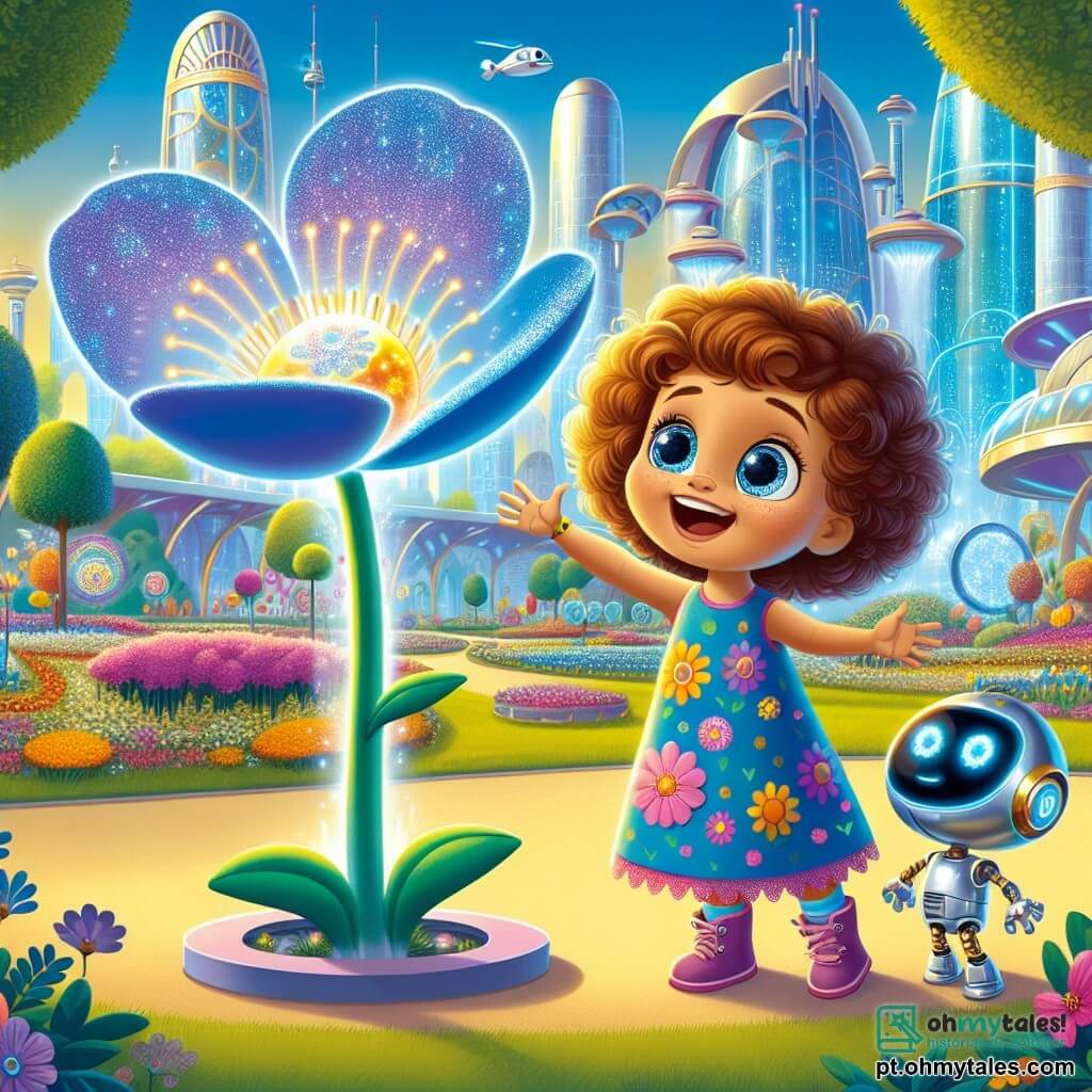 Uma menina de 4 anos, chamada Lila, com grandes olhos brilhantes e cabelos cacheados de cor castanho claro, está alegremente diante de uma máquina de flores futurista. Ela usa um vestido colorido com estampas de flores e um sorriso radiante que expressa sua empolgação. Ao seu lado está Zippy, um robô amigável de metal brilhante, com olhos luminosos em forma de círculo e braços articulados, que pressiona um botão da máquina com um ar concentrado. O cenário é um parque futurista de Lumiville, repleto de jardins luxuriantes, flores coloridas e grandes árvores com folhas cintilantes. Ao fundo, edifícios modernos com fachadas de vidro refletivo se erguem sob um céu azul vibrante, enquanto carros voadores passam acima. A cena retrata Lila e Zippy fazendo crescer uma linda flor azul que emerge da máquina, cercada por um halo de luz mágica. Lila levanta os braços para o alto, maravilhada com a beleza da flor, enquanto Zippy sorri, satisfeito com seu sucesso.