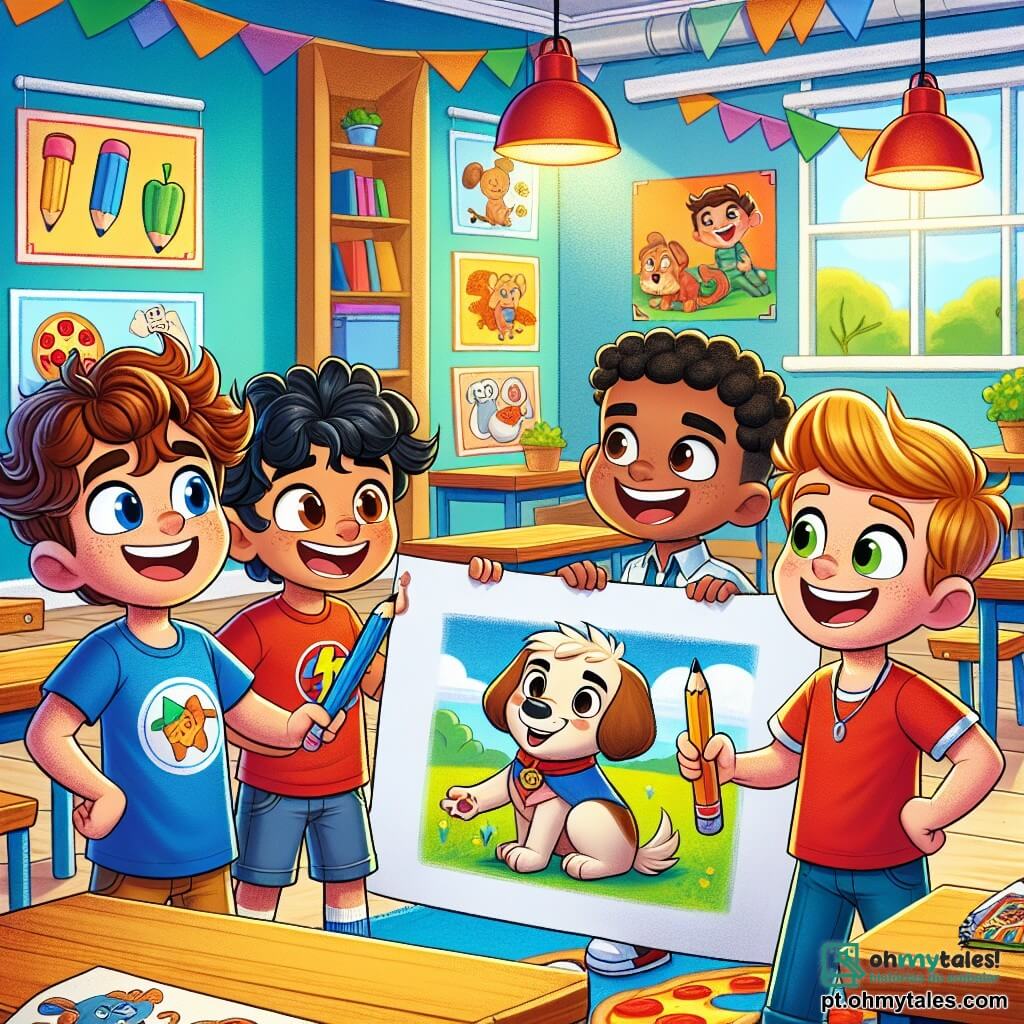 Em uma sala de aula iluminada e colorida, quatro meninos de sete anos estão em círculo, sorrindo. Lucas, com cabelos castanhos e cacheados, usa uma camiseta azul com um desenho de super-herói, segurando um lápis e um caderno de desenho. Miguel, com cabelos negros e lisos, veste uma camiseta vermelha e olha para Lucas com entusiasmo. João, com cabelos castanhos e cacheados, usa um boné verde ao contrário e está inclinado para mostrar seu desenho de cachorro. Pedro, com cabelos loiros e curtos, ri enquanto segura uma folha de papel com um desenho de pizza e super-heróis. A sala é decorada com pôsteres coloridos e tem mesas de madeira dispostas em semicírculo, com luz do sol entrando pela janela. Os meninos trabalham juntos em um projeto de desenho, compartilhando ideias e criações, refletindo o espírito de amizade e colaboração na classe.