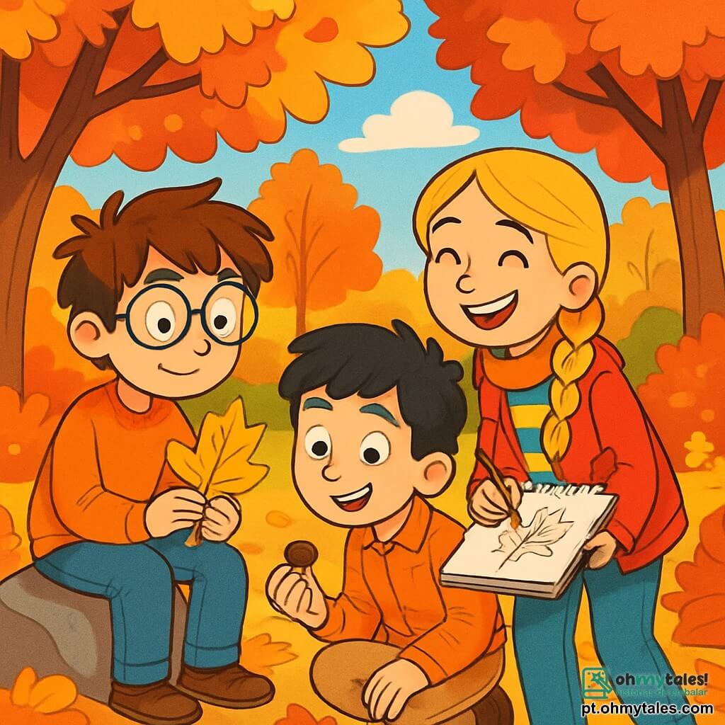 Há 3 personagens: - Tomás: um menino de 10 anos, com cabelos castanhos bagunçados e óculos redondos. Ele usa um suéter laranja e um jeans. Ele está sentado em uma grande pedra, segurando uma folha dourada nas mãos. - Inês: uma menina de 9 anos, com longos cabelos loiros trançados e um sorriso radiante. Ela usa uma jaqueta vermelha e um cachecol listrado. Ela está em pé, desenhando uma folha em um caderno apoiado nos joelhos. - Rafael: um menino de 10 anos, com cabelos pretos e sardas no nariz. Ele usa uma camisa xadrez e uma calça bege. Ele está agachado ao lado de Tomás, segurando uma bolota na mão e observando com curiosidade. O cenário é um lindo parque de outono, onde as árvores estão cobertas de folhas vibrantes: vermelhas, laranjas e amarelas. O chão está coberto de folhas secas, e um suave sol da tarde filtra através dos galhos, criando sombras dançantes no chão. Ao fundo, vê-se um céu azul claro com algumas nuvens brancas e fofas. A situação principal da história mostra os três amigos em plena exploração, maravilhados com a beleza do outono. Eles riem e compartilham suas descobertas, cercados pela magia das cores e sons da natureza, enquanto se preparam para escrever em seus diários sobre suas aventuras.
