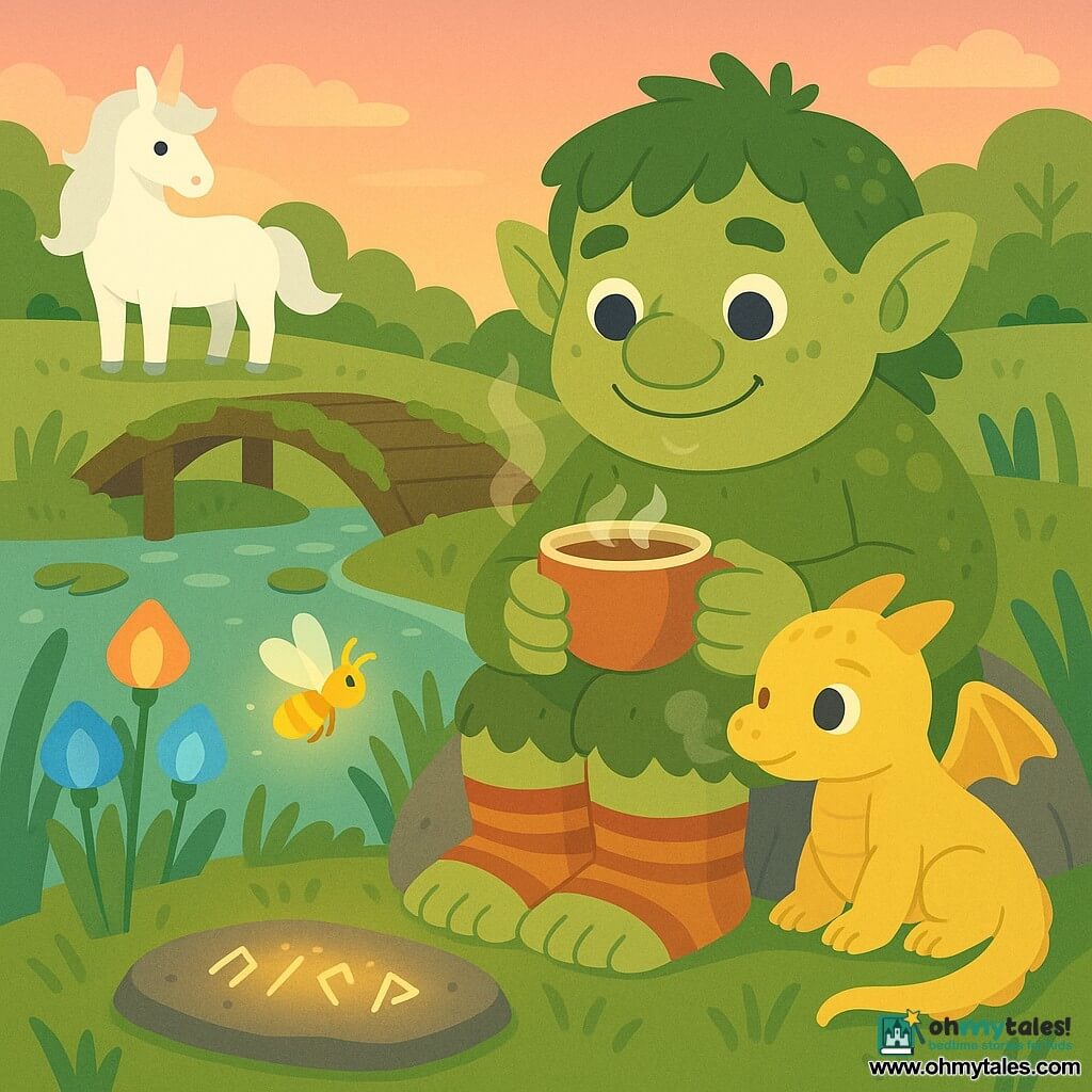 A cozy, soft troll with a warm smile, round shiny eyes and moss-green skin with lichen spots sits barefoot on a stone by a small moss-covered wooden bridge over a silvery river at sunset, wearing striped socks and holding a steaming cup of tea; a butter-yellow baby dragon the size of a bun with smooth shiny scales and tiny smoke from its nostrils snuggles against the troll to the right, a glowing golden firefly hovers casting light on illuminated runes carved into a flat stone, a white unicorn with a cloud-like mane and sparkling horn watches from the left among blue and orange lantern-flowers; lily pads and waving grasses dot the scene, warm saturated pastel palette, simple textures, soft contrasts, round shapes, flat vector style, centered readable composition.