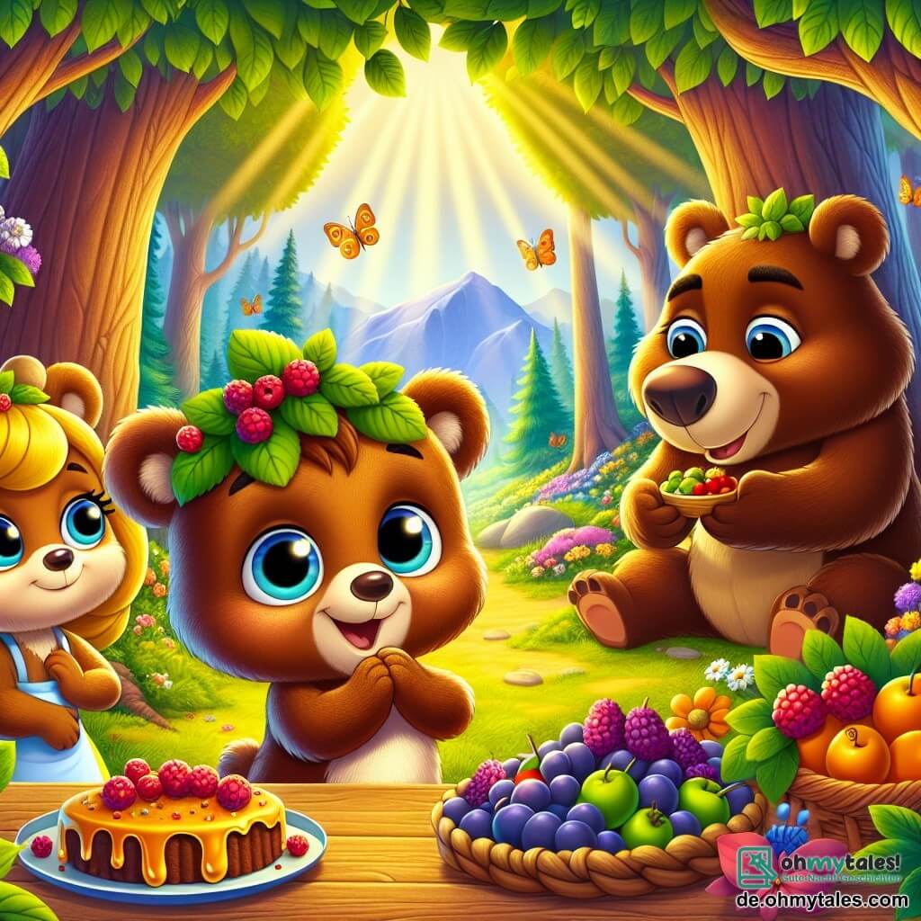 Bruno, ein kleiner brauner Bär mit großen, funkelnden Augen, steht in der Mitte der Szene, mit einem breiten Lächeln im Gesicht, umgeben von bunten Beeren, die er gerade gepflückt hat. Er trägt einen kleinen Blätterhut und hält einen Korb voller Früchte in seinen Pfoten. Links von ihm steht Mama Bär, eine sanfte und liebevolle Mama-Bär mit goldenem Fell, die ihren Sohn stolz anblickt, während sie einen Honigkuchen auf einem Holztisch zubereitet. Rechts steht Papa Bär, ein kräftiger Bär mit dunkelbraunem Fell, der mit einem Lächeln einen großen Teller mit Beeren hält und Bruno unterstützt, mit einem Ausdruck des Glücks auf seinem Gesicht. Die Szene spielt in einem verzauberten Wald, durchzogen von goldenem Sonnenlicht, das durch die Blätter majestätischer Bäume filtert und eine warme, einladende Atmosphäre schafft. Bunte Blumen und Schmetterlinge umschwirren sie und verleihen der Umgebung einen Hauch von Magie. Die Hauptsituation zeigt Bruno, umgeben von seinen Eltern, die seinen Geburtstag feiern und glücklich sind, zusammen die besten Beeren aus dem Garten gefunden zu haben, was die familiäre Liebe und die Freude am Teilen kostbarer Momente veranschaulicht.