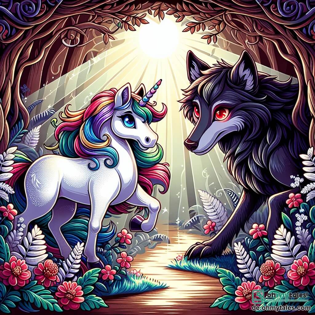 Ein majestätisches weißes Einhorn namens Liora steht stolz im Mittelpunkt der Szene, sein Fell glitzert im Sonnenlicht. Seine großen, leuchtenden Augen drücken Entschlossenheit und Mut aus, während seine Regenbogenmähne sanft im Wind weht. An seiner Seite steht ein großer schwarzer Wolf mit funkelnden roten Augen und seidig-dunklem Fell, der überrascht und neugierig wirkt, bereit, seinen neuen Freund zu verteidigen. Der Hintergrund ist ein tiefes Braun, umgeben von silbernen Farnen und bunten Blumen, die um sie blühen, während Lichtstrahlen durch das dichte Laub filtern und eine magische Atmosphäre schaffen. Liora und der Wolf stehen Seite an Seite und blicken einer bedrohlichen Schattenfigur entgegen, die sich ihnen nähert, symbolisch für den großen bösen Wolf, während sie unerwarteten Mut zeigen, bereit, ihren verwunschenen Wald zu verteidigen.