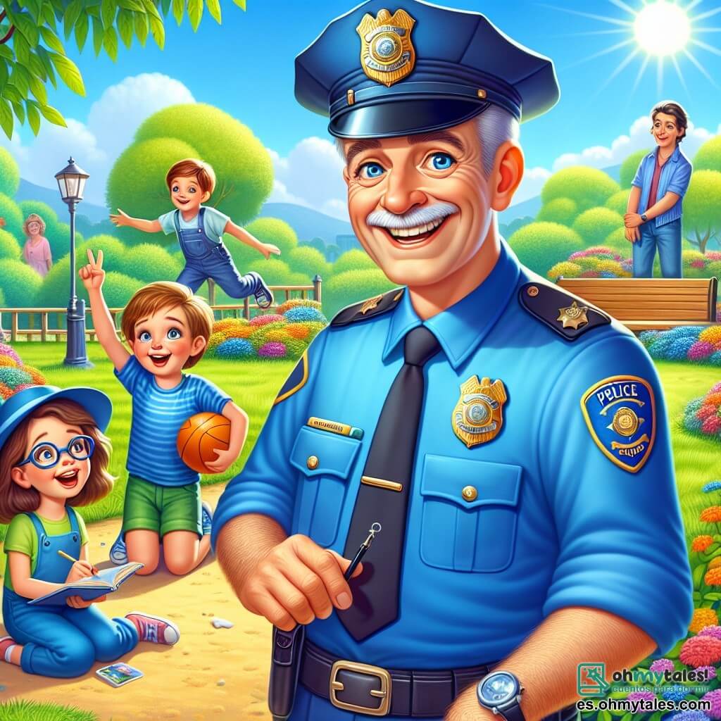 Un policía sonriente, un hombre de unos cincuenta años, lleva un uniforme azul brillante y un sombrero de policía. Su rostro es amable, con arrugas de experiencia y ojos que brillan de alegría. Sostiene un silbato brillante en su mano, listo para ayudar. A su lado, hay tres niños: Martina, una niña de 8 años con cabello castaño y gafas, que mira con asombro; Lucas, un niño de 7 años con cabello rubio, que salta de alegría sosteniendo una pelota pequeña; y Pablo, un niño de 8 años con cabello negro, que toma notas en un cuaderno. La escena se desarrolla en un parque soleado, con un gran árbol de hojas verdes, flores coloridas alrededor y un banco de madera donde las familias descansan. Al fondo, se ve un pequeño grupo de personas que observan con curiosidad. La situación principal muestra al policía ayudando a los niños a encontrar una pelota perdida, con expresiones de felicidad y emoción en sus rostros. Los niños están señalando hacia un lugar donde la pelota está atrapada, mientras el policía se agacha para escucharlos atentamente.
