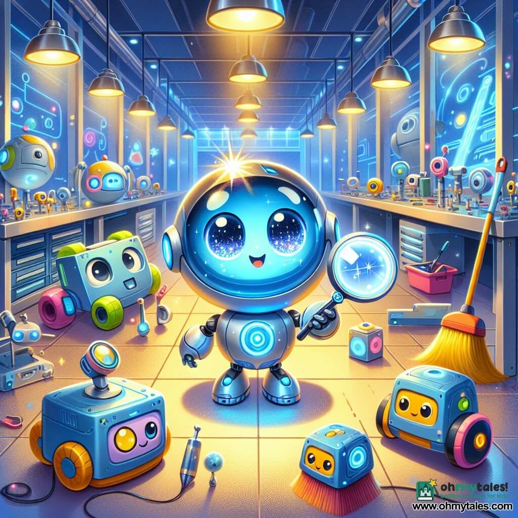 Glimmerbot, a small round robot with shiny blue panels and large sparkling eyes, stands at the center of the scene, displaying a joyful and determined expression. He is holding a sparkling Display Magnifier, curiously looking at the other robots around him. To his right, Tinka, a tiny cube-shaped robot with colorful wheels, smiles enthusiastically, his bright eyes sparkling with excitement as he helps sort tools. On the left, Sweepa, the cleaning robot with a round fluffy head, looks relieved and happy, sweeping the floor with a small broom while admiring Glimmerbot. The setting is the Workshop, a futuristic space filled with rows of sparkling machines and transparent glass worktables, where colorful tools are neatly arranged. Bright lights illuminate the place, creating a warm and welcoming atmosphere. The main scene shows Glimmerbot and his friends joyfully collaborating to sort tools, with bursts of light and vibrant colors reflecting their enthusiasm and teamwork.