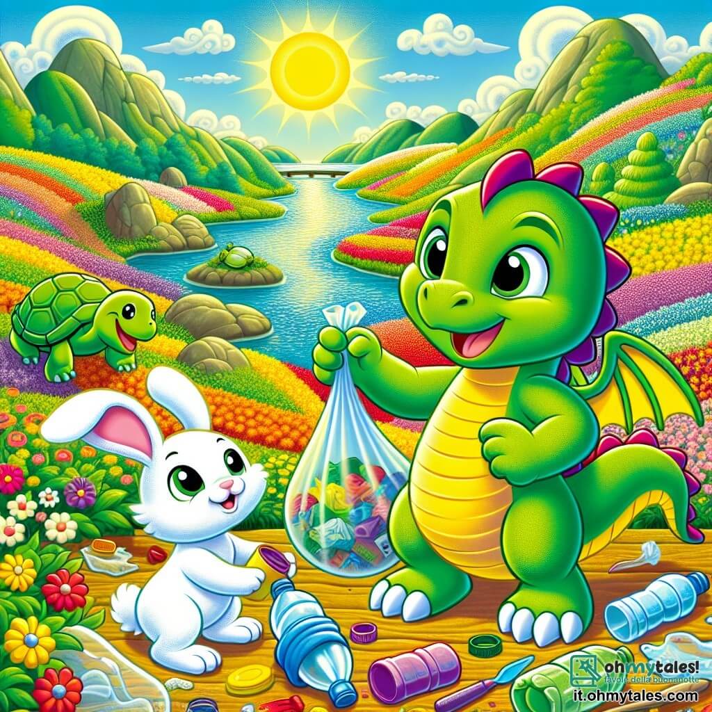 Un piccolo drago verde di nome Leo, con scaglie brillanti e occhi pieni di determinazione, si trova al centro della scena, sorridendo con entusiasmo. Tiene un sacco di raccolta pieno di rifiuti colorati, pronto a pulire la sua valle. Alla sua destra, un adorabile coniglio bianco di nome Milo, con grandi orecchie erette e un'espressione gioiosa, sta raccogliendo una bottiglia di plastica, guardando Leo con ammirazione. A sinistra, una tartaruga verde di nome Tessa, con un guscio decorato di fiori, sorride mentre pianta nuovi bulbi di fiori colorati nel terreno. Lo sfondo è una valle soleggiata, piena di fiori vivaci, con un cielo blu chiaro e un ruscello scintillante, dove l'acqua scorre dolcemente. La scena principale mostra Leo e i suoi amici che lavorano insieme per pulire la valle, trasformando un luogo triste e sporco in un paradiso colorato e gioioso.