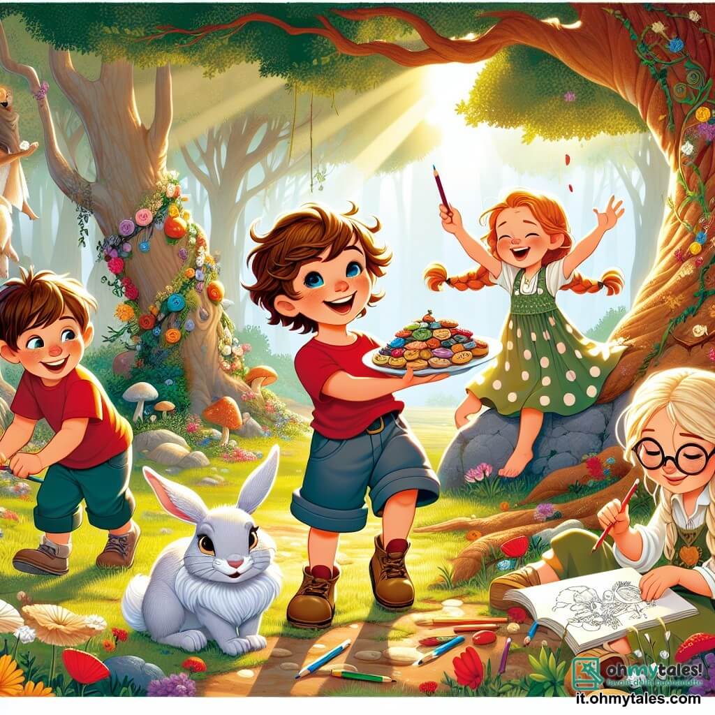 In una radura soleggiata nel cuore di una foresta magica, quattro bambini sono felici. Marco, un ragazzo di sei anni con capelli castani disordinati e una maglietta rossa, sorride tenendo un grande piatto di dolci colorati. Giulia, una ragazza di sei anni con capelli biondi intrecciati, indossa un vestito blu a pois e danza ridendo, le braccia alzate verso il cielo. Luca, un ragazzo di sei anni con occhiali e capelli castani, è seduto su una grande pietra, mentre disegna fiori con pastelli colorati. Sara, una ragazza di sei anni con capelli ricci e una gonna verde, gioca con un coniglietto bianco che si avvicina a loro. Al centro della radura, un grande lupo grigio dal sguardo dolce e amichevole si trova accanto ai bambini, sorridendo felice di essere con loro. La radura è circondata da alberi maestosi e fiori multicolori, creando un'atmosfera gioiosa e accogliente. I bambini e il lupo si preparano a festeggiare, dimostrando che l'amicizia può superare ogni paura.