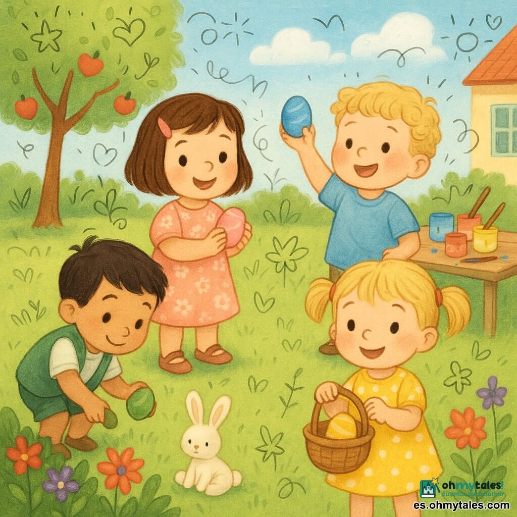 Cuatro niños de 2 años en una caza de huevos de Pascua en un jardín primaveral: Ana, niña de pelo castaño corto con una horquilla rosa y vestido rosa de flores, sostiene un huevo pintado rosa (centro izquierda); Tom, niño rubio rizado con camiseta azul claro y shorts beige, muestra su huevo azul (a la derecha de Ana); Luis, niño de piel morena y pelo negro liso con chaleco verde y pantalón corto, recoge un huevo verde junto a una maceta (adelante a la izquierda); Mia, niña con coletas rubias y vestido amarillo de lunares blancos, sostiene una cesta de mimbre con un huevo amarillo (primer plano a la derecha); césped verde, parterre de flores rojas y violetas, manzano a la izquierda, mesa de madera con pinturas y pinceles abiertos, peluche de conejo blanco junto a las flores, ambiente alegre, colores saturados y estilo infantil con doodles de estrellas, corazones y flechas.
