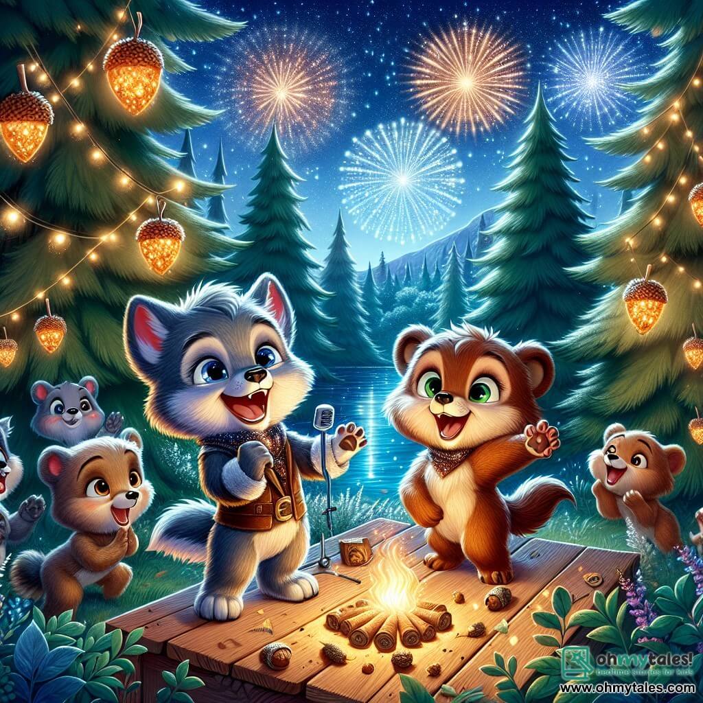 Leo, a little wolf with sparkling eyes and gray fur, stands on a wooden stage, smiling widely as he enthusiastically sings for the Midnight Howl Choir. Next to him, Benny, a brown bear with round cheeks and bright eyes, joyfully claps, his fur brilliantly lit by acorn-shaped lanterns sparkling around them. Lila, Leo's little sister, a small she-wolf with soft, creamy fur, jumps with happiness, her eyes wide with surprise and joy, holding a roasted marshmallow in her paws. The scene takes place in an enchanted clearing in the heart of a forest, illuminated by twinkling lanterns and colorful fireworks exploding in the starry sky, creating a festive and magical atmosphere. In the distance, majestic trees stand tall, their shiny leaves reflecting the party lights, while a group of forest animals gathers to listen to the singing, filling the air with laughter and happiness. The main situation shows Leo and his friends celebrating New Year's Eve, singing together under a starry sky, surrounded by their friends, sharing moments of joy and friendship as fireworks light up the night.