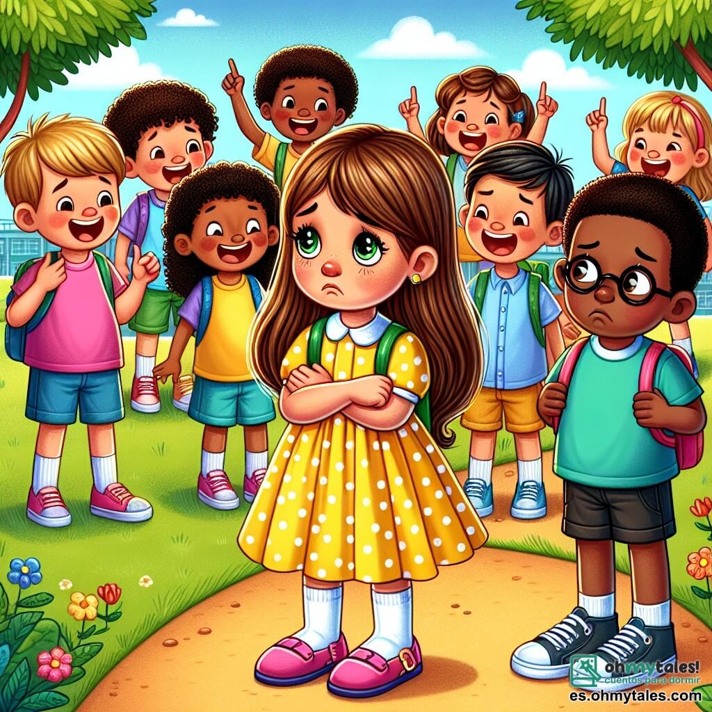 Una niña de 6 años, Lucía, con largos cabellos castaños y ojos brillantes, está en el centro de la imagen, con una expresión preocupada y triste, mirando a un grupo de niños que se burlan. Lleva un vestido amarillo con lunares y sandalias rosas. A su derecha, Tomás, un niño de 6 años con cabello corto y gafas, está solo, con los hombros caídos y aspecto infeliz, vestido con una camiseta azul y shorts negros. Al fondo, un grupo de niños ríe y señala, algunos con mochilas coloridas. El escenario es un patio escolar soleado, con árboles verdes y un tobogán rojo. La situación principal muestra a Lucía dudando en intervenir para ayudar a Tomás, mientras el grupo de niños sigue burlándose, creando una atmósfera de tensión y tristeza.