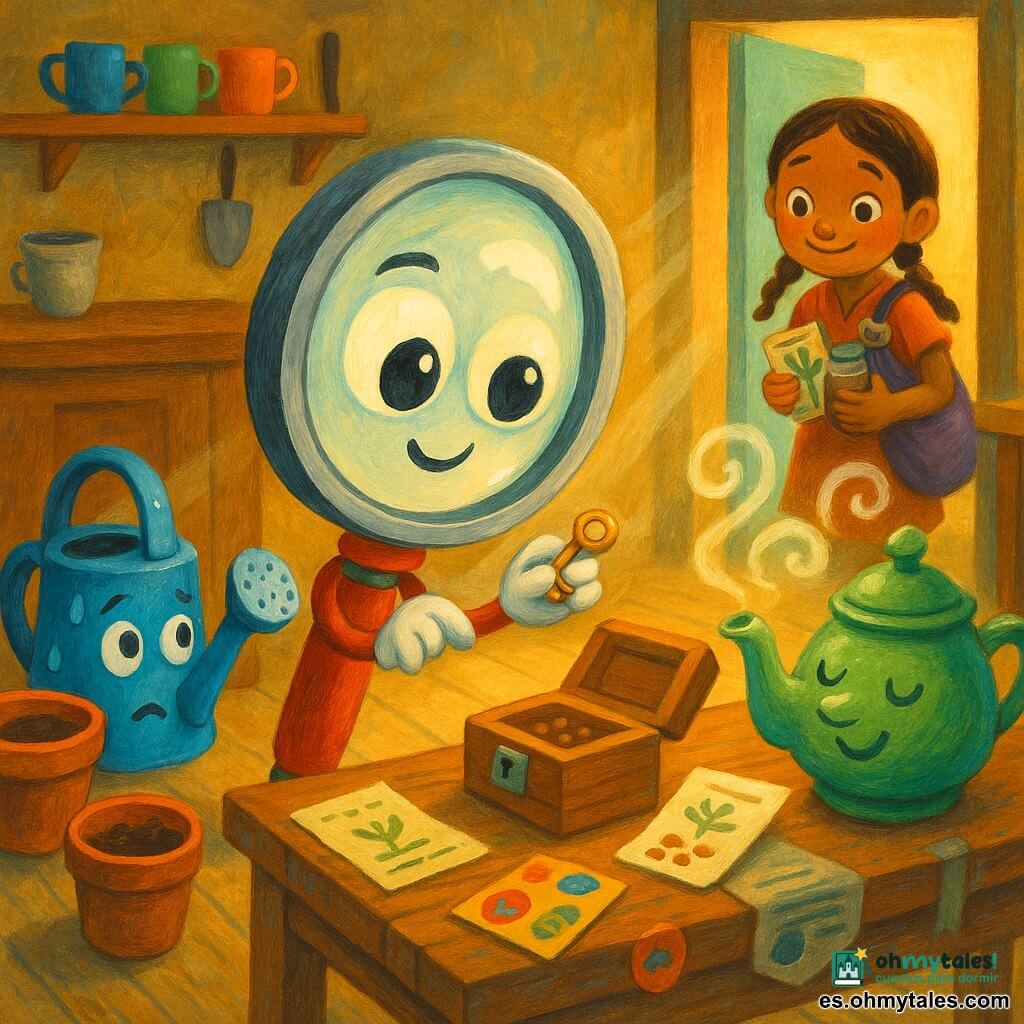 Lupa Lila es una lupa antropomorfa con un gran ojo redondo brillante, montura plateada, pequeña boca sonriente y correa roja; curiosa y decidida, sostiene una llave diminuta y la examina; la regadera es un regador azul con gotas en el pico y expresión algo apenada, ubicada a la izquierda junto a macetas; la tetera verde está sobre una mesa a la derecha, con vapor perfumado dibujado en remolinos y una expresión acogedora; la nueva amiga es una niña de piel bronceada con trenza, sonrisa tímida y ojos brillantes que entra por la puerta con bolsas de semillas y frascos de especias; el lugar es un centro asociativo cálido con suelo de madera, estanterías con tazas y herramientas, mesas con papeles y pegatinas de viajes, macetas y una caja cerrada con un pequeño candado en el centro; Lupa Lila abre la caja con la llave y descubre semillas y una nota, todos se reúnen bajo rayos de luz suave en una atmósfera de descubrimiento alegre y colorido.