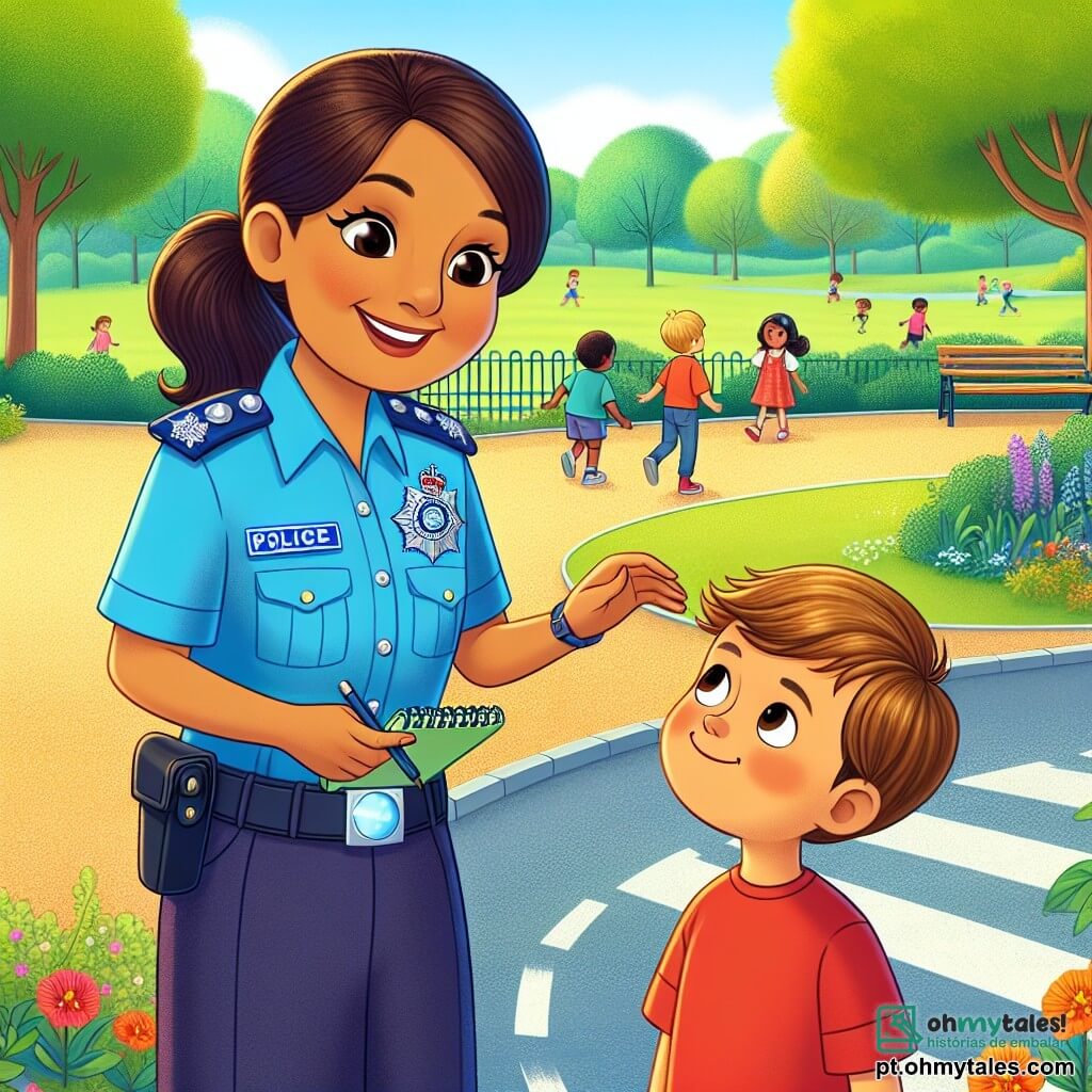 Uma policial sorridente, Maria, está no centro da imagem. Ela é uma mulher de cerca de trinta anos, com cabelos castanhos presos em um rabo de cavalo e vestindo um uniforme azul vibrante com um distintivo brilhante. Ela se inclina levemente para frente, mostrando seu entusiasmo e bondade, enquanto segura um pequeno caderno em uma mão para anotar.

Ao lado dela, um menino de 8 anos, com cabelos loiros e olhos brilhantes, olha para Maria com admiração. Ele usa uma camiseta vermelha e um short azul, parecendo curioso e feliz por aprender. Ele está um pouco recuado, com as mãos nos bolsos, ouvindo atentamente os conselhos de Maria.

A cena ocorre em um parque ensolarado, com árvores verdes exuberantes e flores coloridas ao redor. Um caminho de cascalho serpenteia pelo parque, e algumas crianças brincam ao longe, adicionando uma atmosfera alegre à ilustração.

A situação principal mostra Maria explicando às crianças a importância da segurança, ensinando como atravessar a rua com segurança. Ela sorri calorosamente, enquanto o menino a escuta com olhos maravilhados, pronto para aprender.