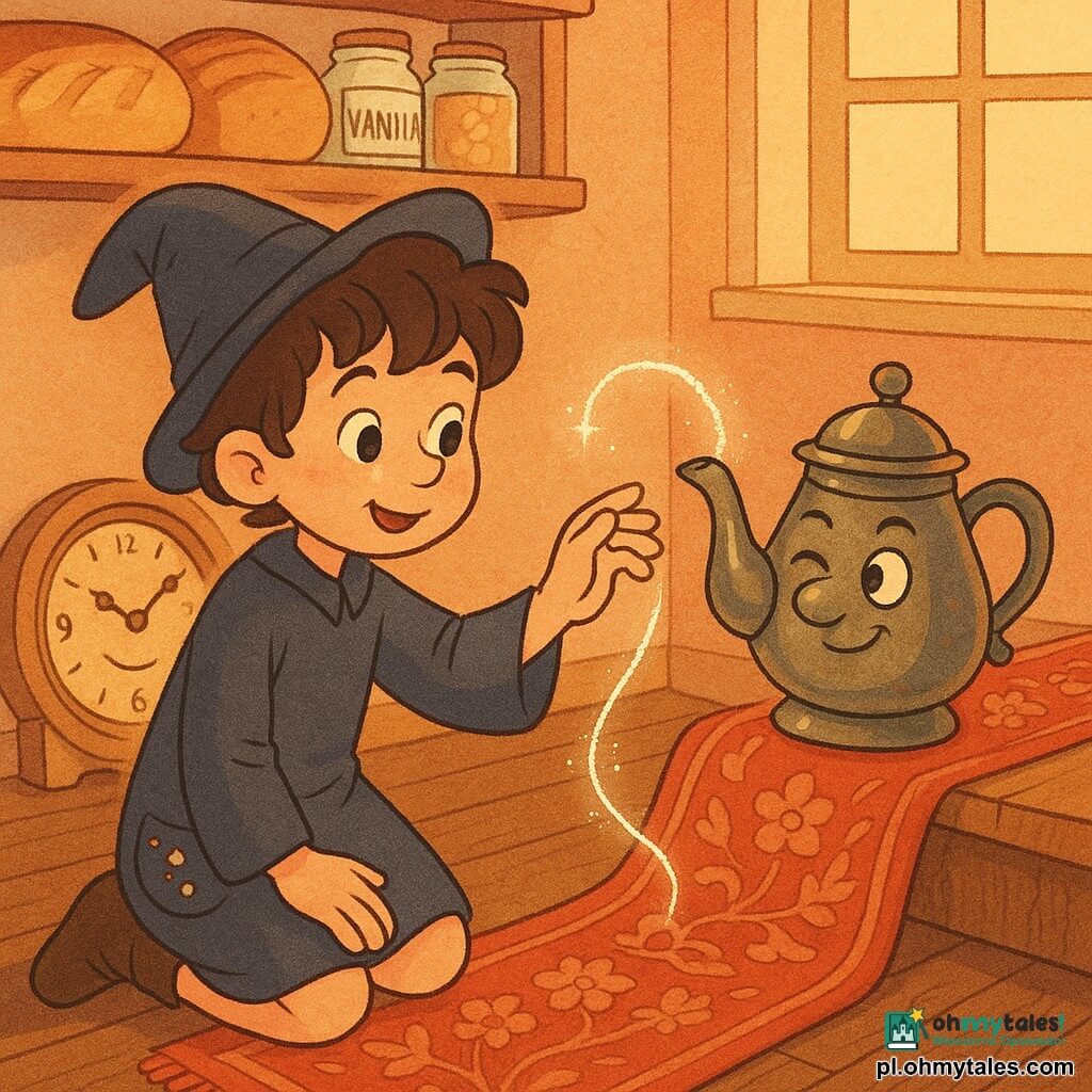 Teodor, około 8 lat, chłopiec-czarodziej o kręconych brązowych włosach w krótkiej granatowej szacie, z kieszenią pełną okruchów, klęczy uśmiechnięty i ciekawy, wyciąga rękę ku cienkiemu świetlnemu sznurkowi mieniącemu się jak nitka księżyca, obok na brzegu dywanu mruga antropomorficzny metaliczny czajnik, lekko przechylony w jego stronę, za nimi opiera się stary okrągły wahadłowy zegar z „uśmiechniętą” tarczą, drewniano-złoty, wskazówki nieruchome, mieszkanie nad piekarnią — ciemna drewniana podłoga, półki z złocistym chlebem i słoikami wanilii, podwinięty czerwony dywanik kwiatowy odsłaniający małe zielone drzwiczki w ścianie; główna scena: magiczne odkrycie — z małych drzwi wydobywa się cienka świetlista ścieżka przyciągająca Teodora, atmosfera przytulna i tajemnicza, ciepłe kolory, zaokrąglone kreski, pastelowo-ochrowa paleta, faktury papierowe i akwarelowe, czytelne dziecięce wyrazy twarzy.