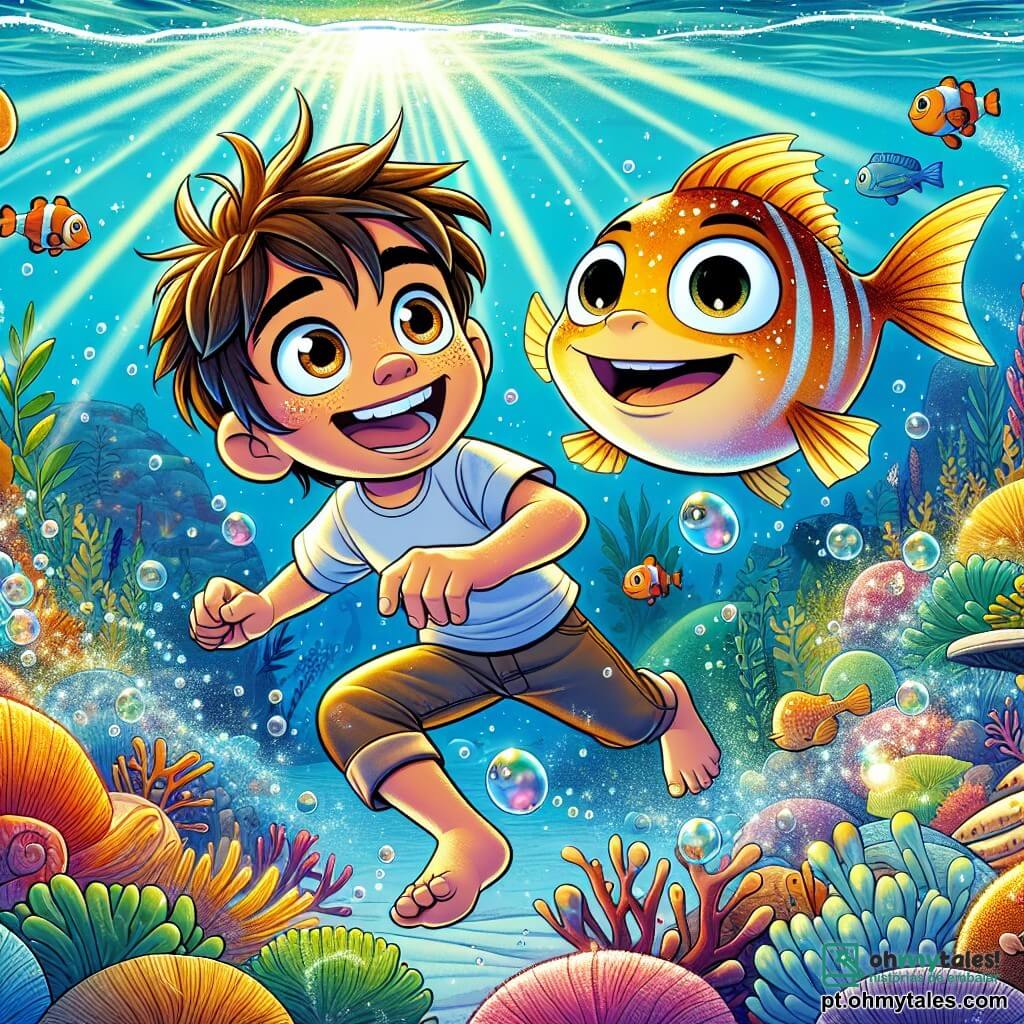 Um menino de 10 anos, Tomás, com cabelos castanhos bagunçados e olhos cheios de curiosidade, nada alegremente em uma água cristalina, cercado por peixes coloridos. Seu rosto expressa maravilha e alegria, com um grande sorriso nos lábios. Ao seu lado, um peixe travesso chamado Douradinho, com escamas douradas brilhantes e olhos maliciosos, salta para fora da água, parecendo incentivar Tomás. O cenário é um reino subaquático encantador, com corais multicoloridos, algas ondulantes e raios de luz filtrando pela superfície da água, iluminando a paisagem marinha. A cena principal mostra Tomás e Douradinho explorando juntos, descobrindo um magnífico palácio de coral cintilante, enquanto criaturas marinhas amigáveis os observam com curiosidade, criando uma atmosfera mágica e cheia de aventura.