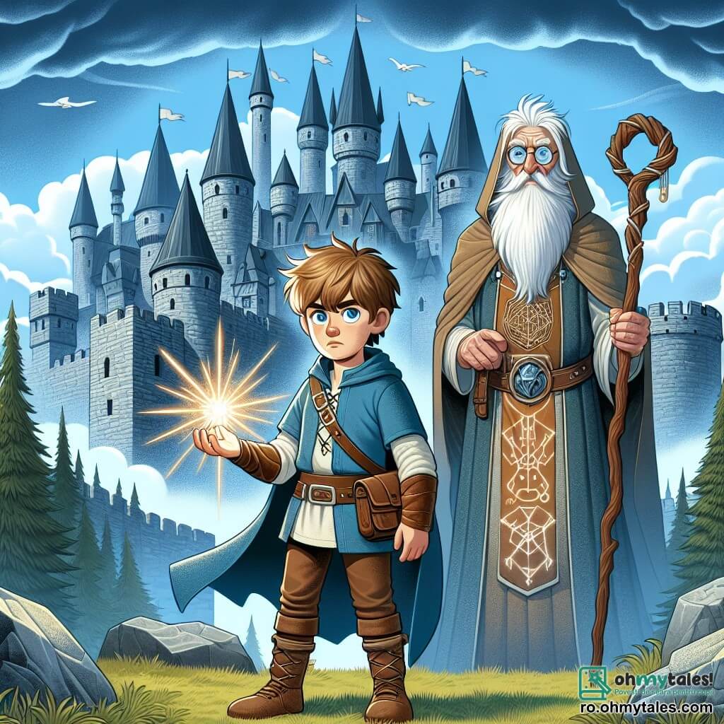 În centrul imaginii, Radu, un băiat de 10 ani, cu părul castaniu deschis și ochii plini de curiozitate, stă cu curaj în fața unui castel medieval. Poartă o tunică albastră și pantaloni din piele, iar fața lui exprimă determinare și uimire. În mâna dreaptă, ține o piatră strălucitoare.

La stânga lui, un bătrân înțelept, un bărbat de 70 de ani, cu o barbă lungă și ochelari rotunzi, observă scena cu un zâmbet binevoitor. Este îmbrăcat într-o robă de magician cu simboluri vechi și ține un toiag din lemn sculptat, pregătit să-l ghideze pe Radu în aventură.

În fundal, castelul este impunător, cu turnuri înalte, steaguri fluturând și ziduri din piatră gri, înconjurat de o pădure densă și misterioasă. Cerul este de un albastru strălucitor, presărat cu nori albi pufoși, adăugând o notă de magie atmosferei.

Situația principală îl arată pe Radu, pregătit să intre în castel pentru a înfrunta vrăjitoarea malefică, cu o lumină aurie emanând din piatra pe care o ține, simbolizând speranța și bravura.
